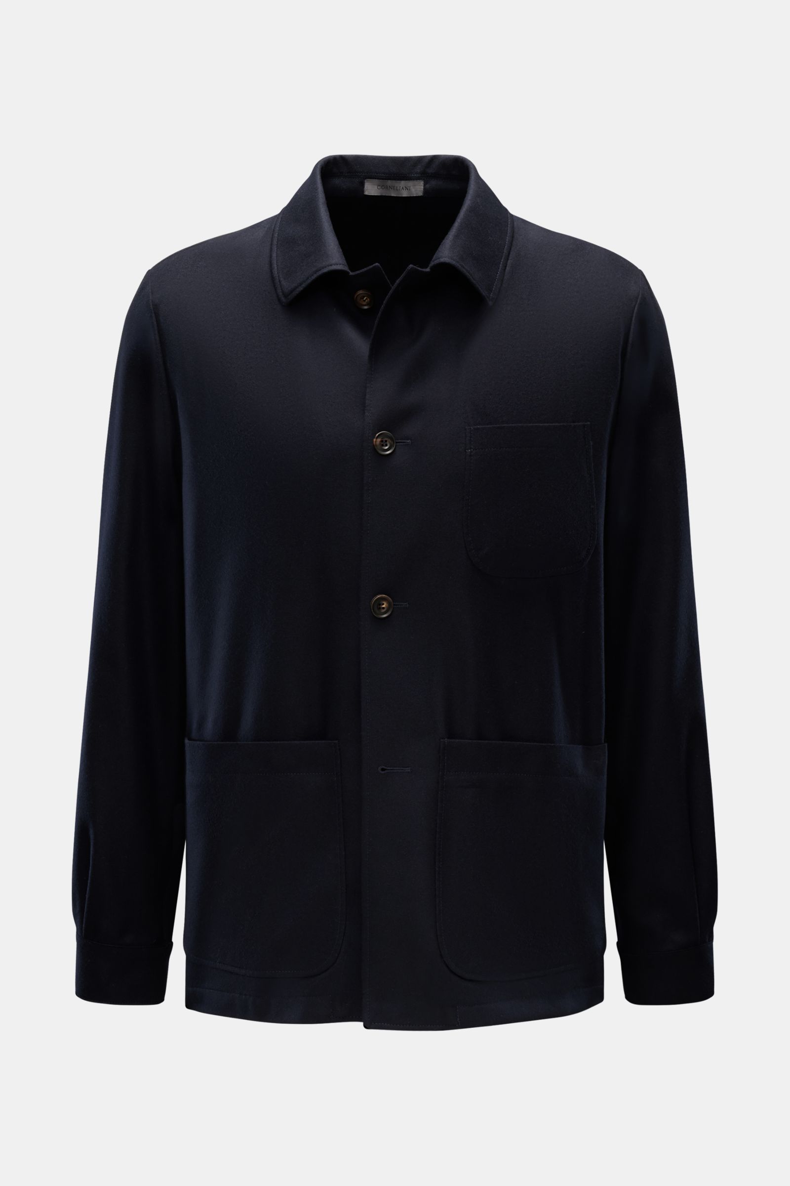Corneliani Overshirt navy aus reiner Schurwolle, Frontansicht, Regular Fit, mit Umlegekragen, Vier-Knopf-Leiste, drei aufgesetzten Taschen und Seitenschlitzen.