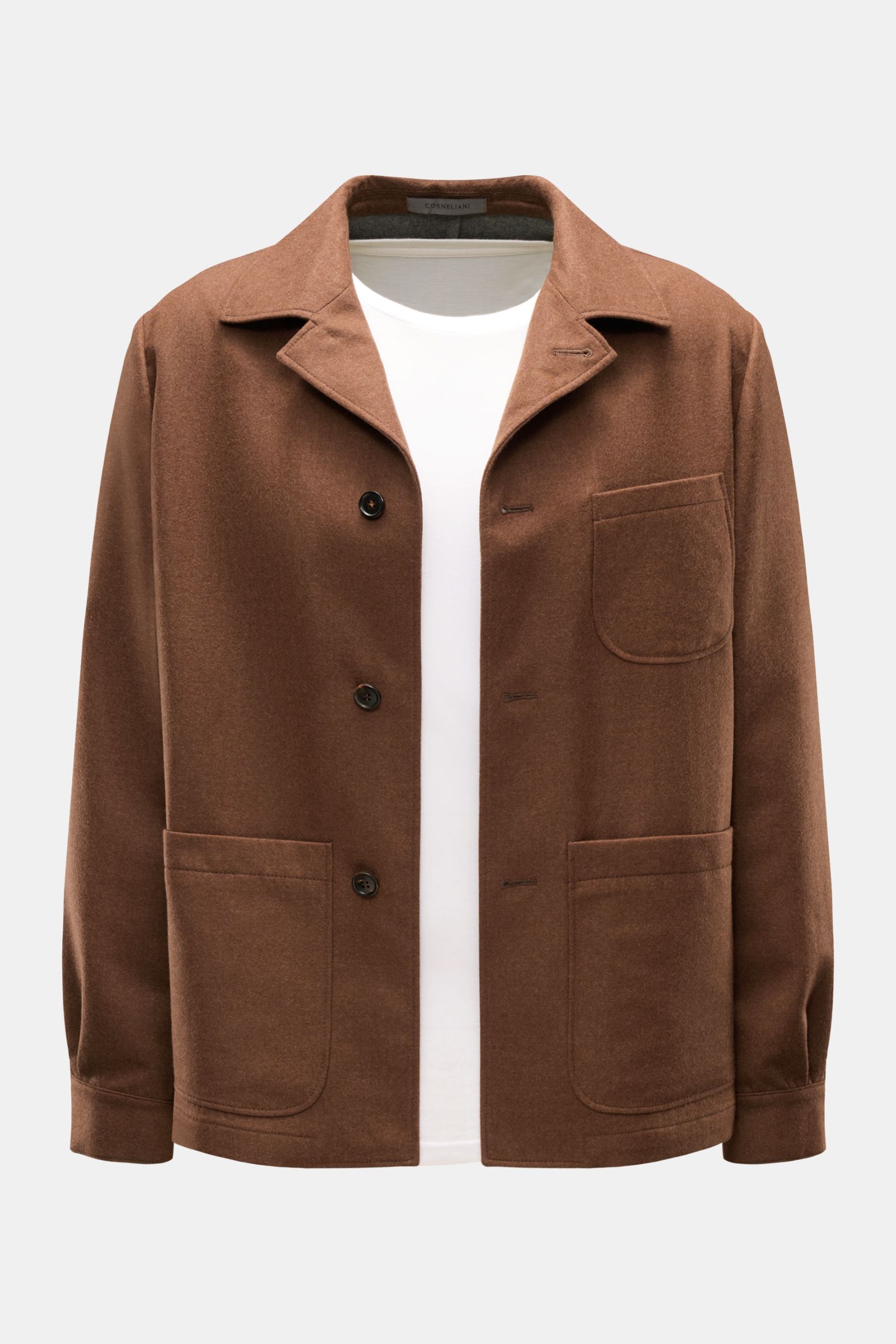 Corneliani Overshirt braun, frontale Ansicht, Doubleface aus Schurwolle und Seide, Regular Fit, Kragen, Vier-Knopf-Leiste, Brust- und Hüfttaschen.