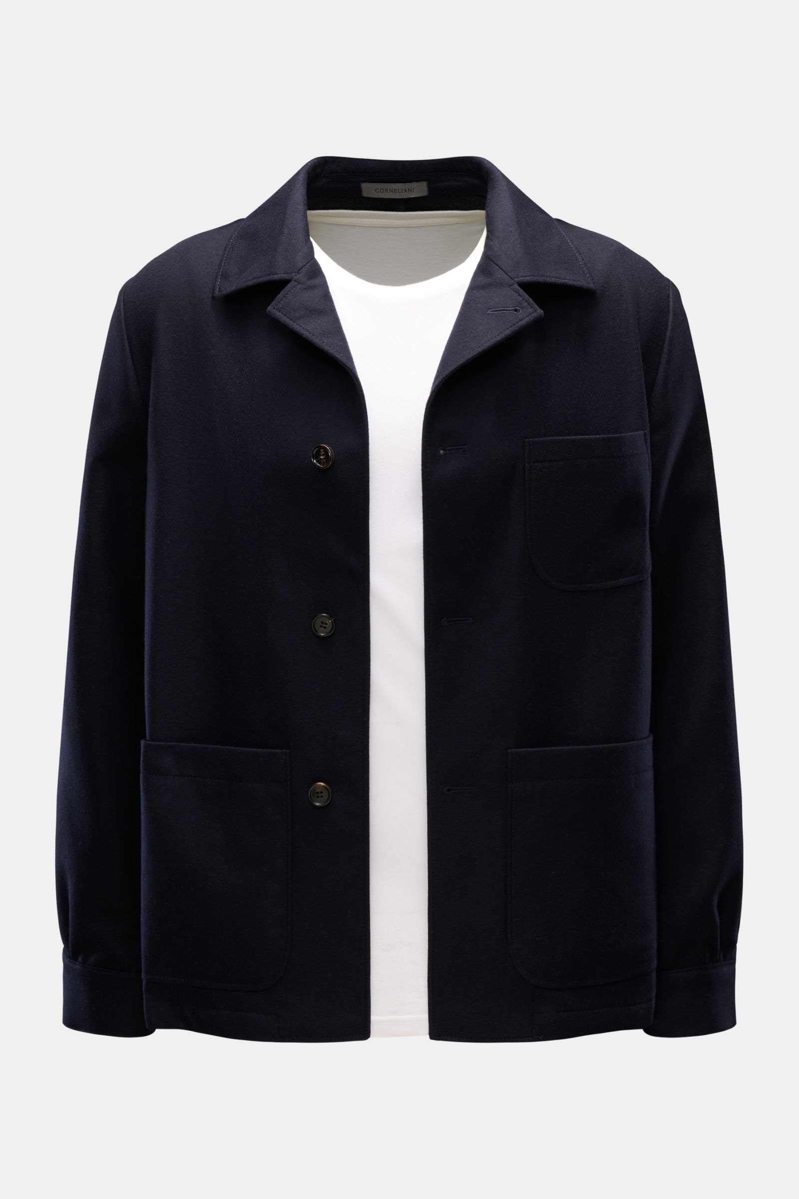 Front view of Corneliani Overshirt navy in double-face virgin wool and silk, with collar, four-button placket, patch pockets, and cuffs.

This overshirt in virgin wool and silk by CORNELIANI is an elegant shirt-jacket hybrid and enhances a variety of s