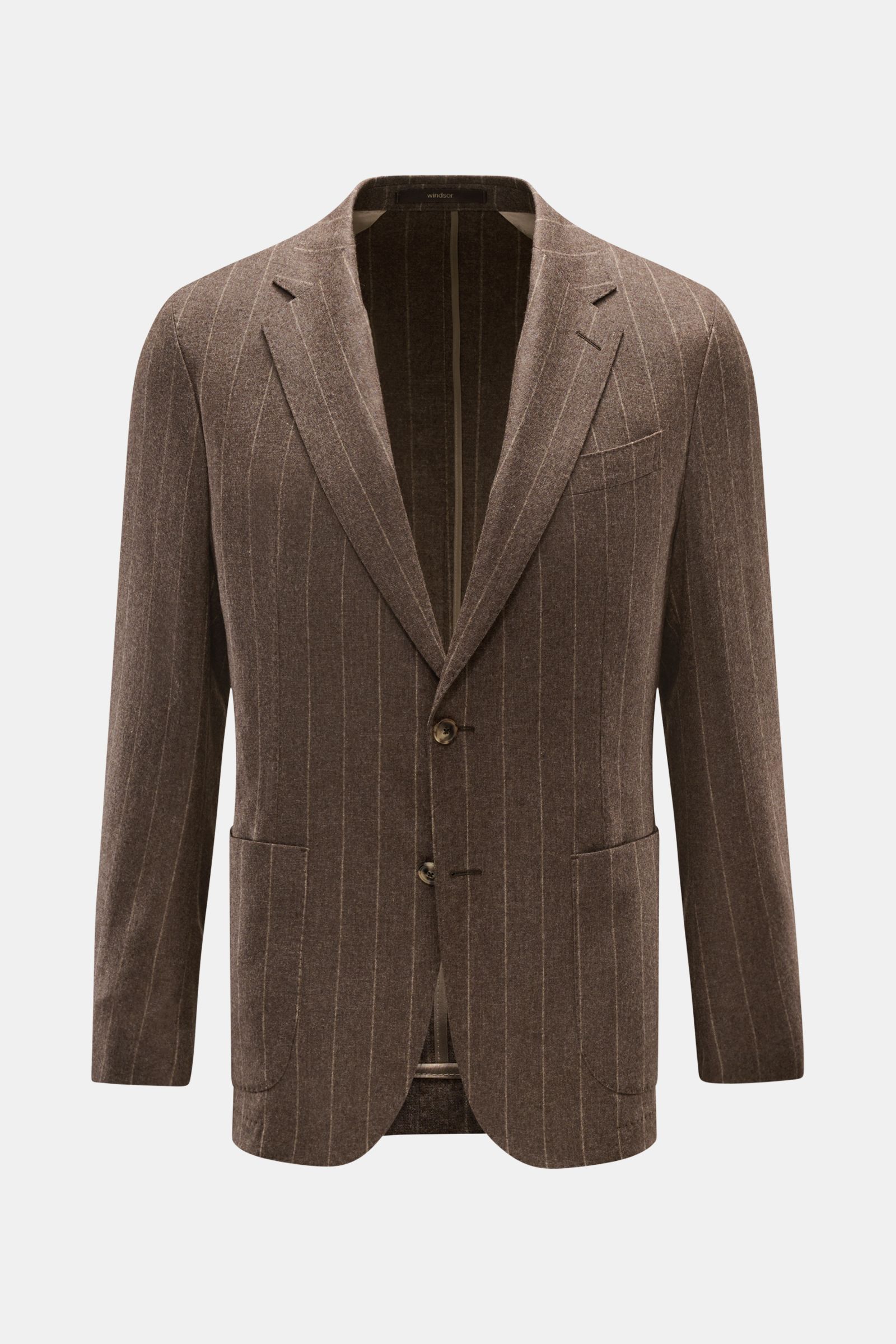 Windsor Sakko 'Giorno' braun gestreift, frontale Ansicht, Mix aus Wolle, Microfaser, Cashmere, Slim Fit, feine Streifen, zwei Knöpfe, fallendes Revers, Softgriff, Kissing Buttons, Unconstructed Design, Brust- und Hüfttaschen, Seitenschlitze, zwei Innentas
