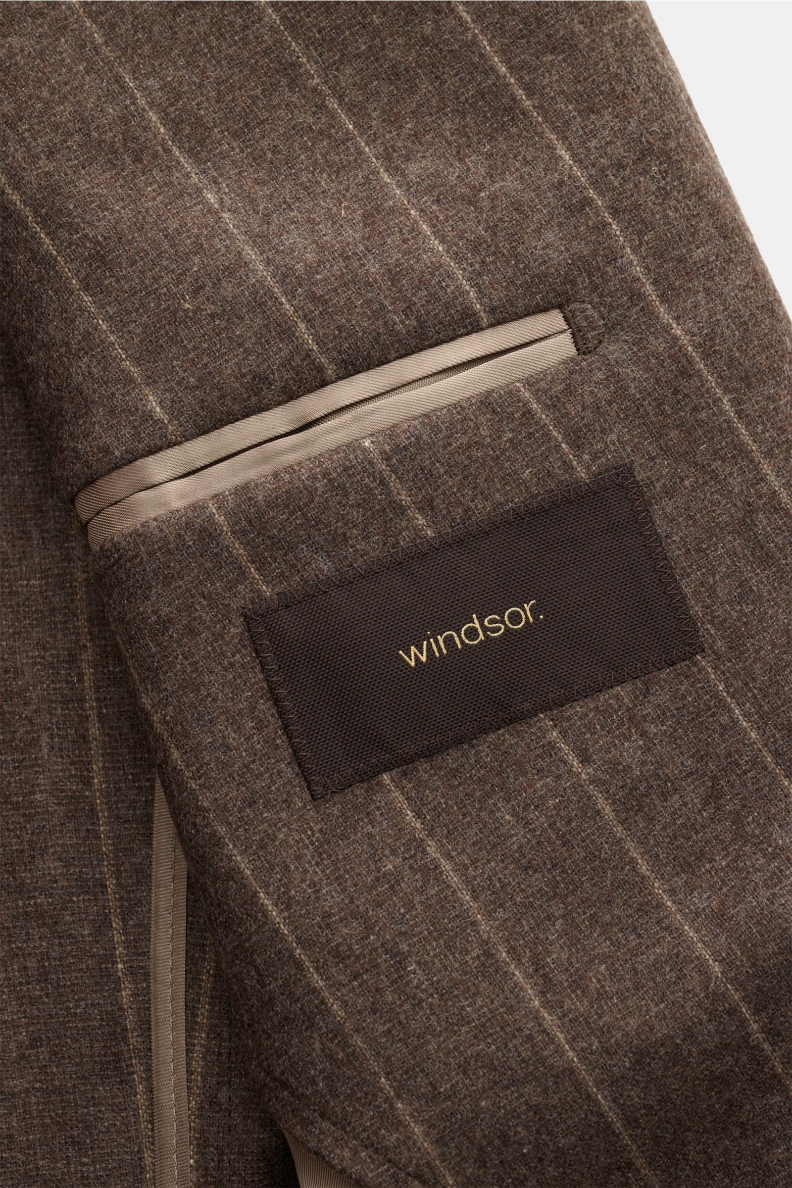 Windsor Sakko 'Giorno' braun gestreift, Detailaufnahme innen mit zwei Innentaschen, Mix aus Wolle, Microfaser, Cashmere, Slim Fit, Unconstructed Design.