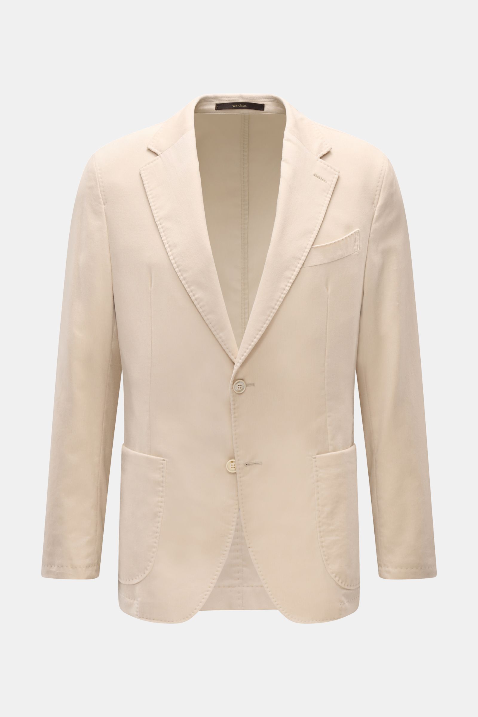 Front view of Windsor Corduroy jacket 'Gio' cream, fine corduroy pure cotton, soft touch, slim fit, step lapel, two-button style, classic breast pocket, patch hip pockets, kissing buttons, side vents at back, unconstructed design, three inside pockets.