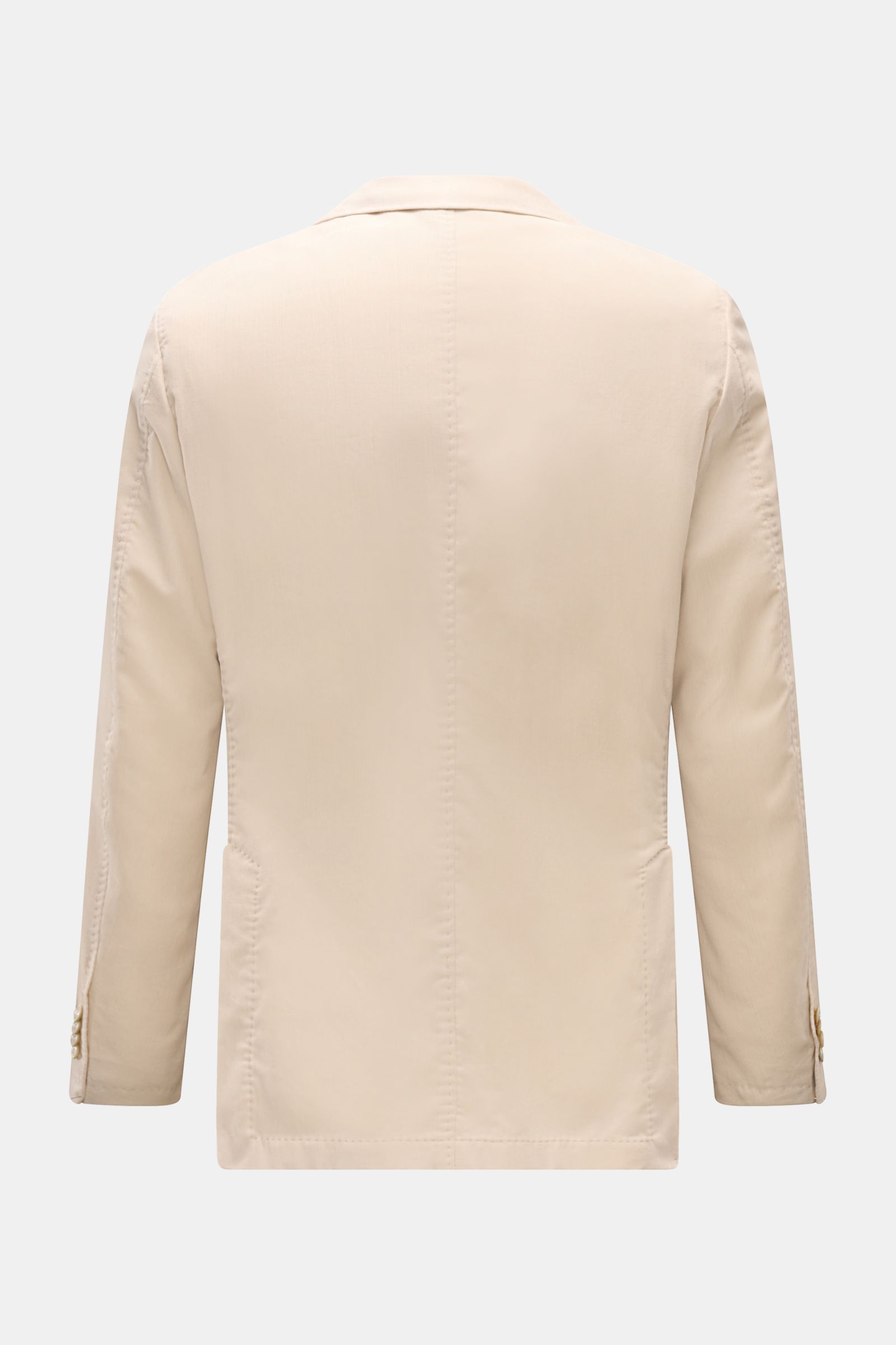 Back view of Windsor Corduroy jacket 'Gio' cream, fine pure cotton corduroy, soft touch, slim fit, step lapel, two-button style, classic breast pocket, patch hip pockets, kissing buttons, side vents at the back, unconstructed design, three inside pockets.