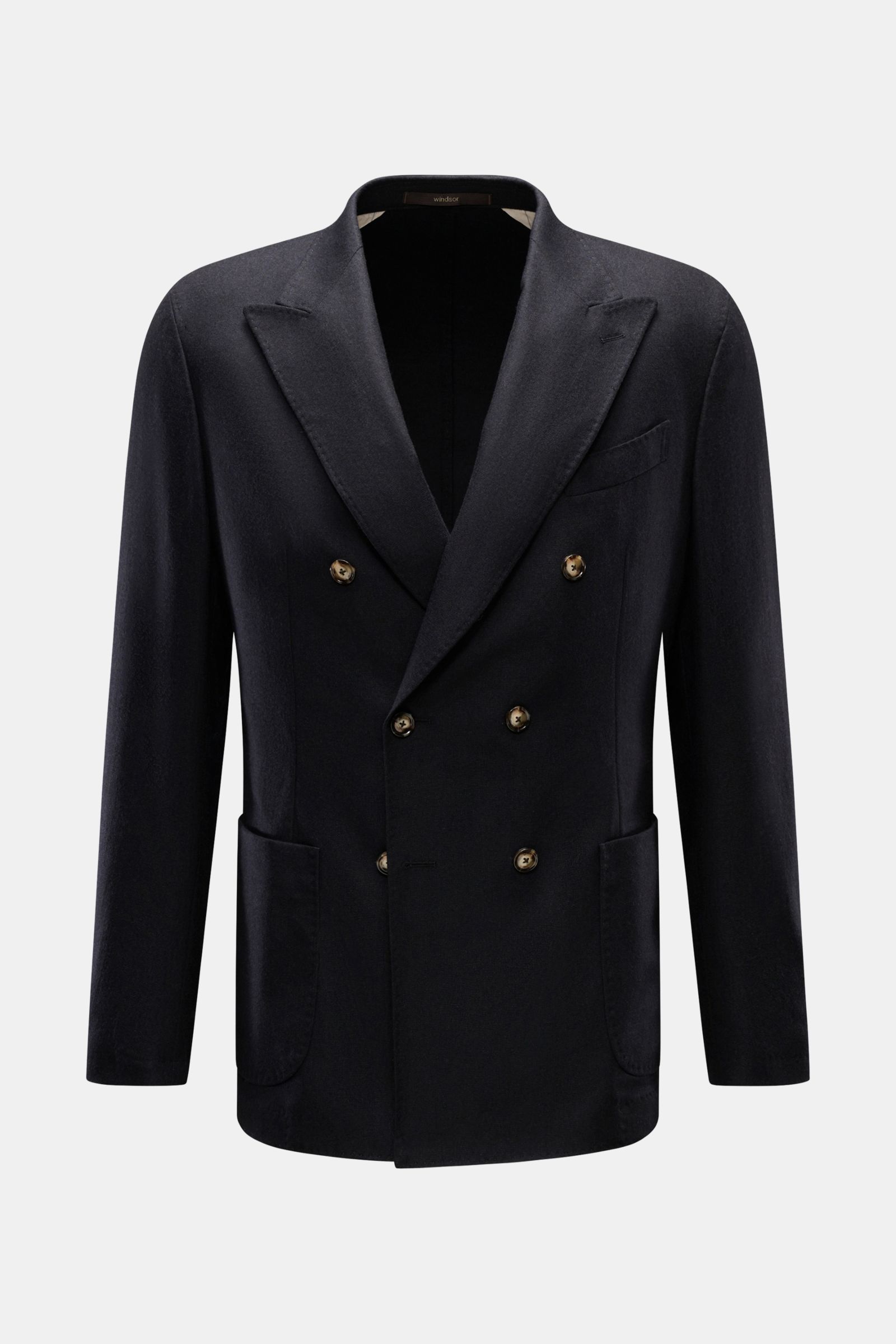 Windsor Sakko 'Salio' dark navy, frontale Aufnahme, Slim Fit, zweireihiger Drei-Knopf-Stil, Woll-Mix, Spitzrevers, Brust- und Hüfttaschen, weicher Griff, elastisch, Unconstructed Design.