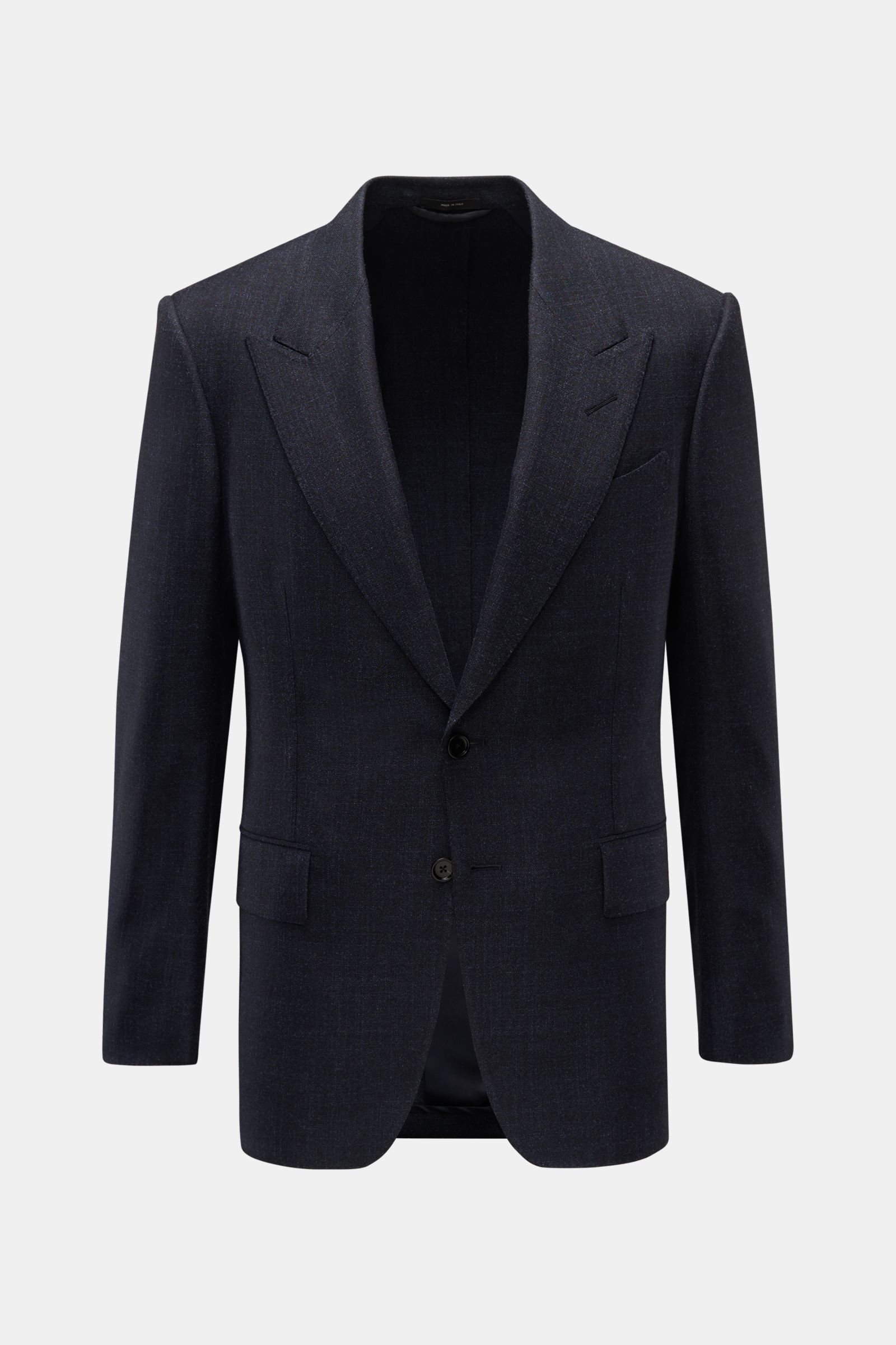 Tom Ford Sakko 'Shelton' anthrazit/blau meliert, Slim Fit, Woll-Seide-Mix, tailliert, Zwei-Knopf, Spitzrevers, Brust- und Hüfttaschen, Vorderansicht.