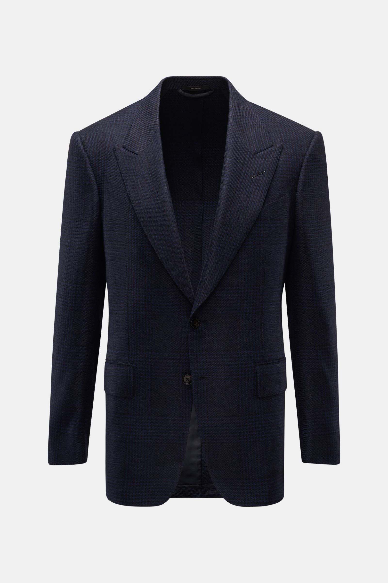 Front view of Tom Ford Sakko 'Shelton' navy/schwarz kariert blazer with slim fit, Glencheck pattern, two-button closure, peaked lapels, chest and flap pockets.

Description: Purer Luxus von TOM FORD: Der Klassiker 'Shelton' mit edgy Silhouette und deze