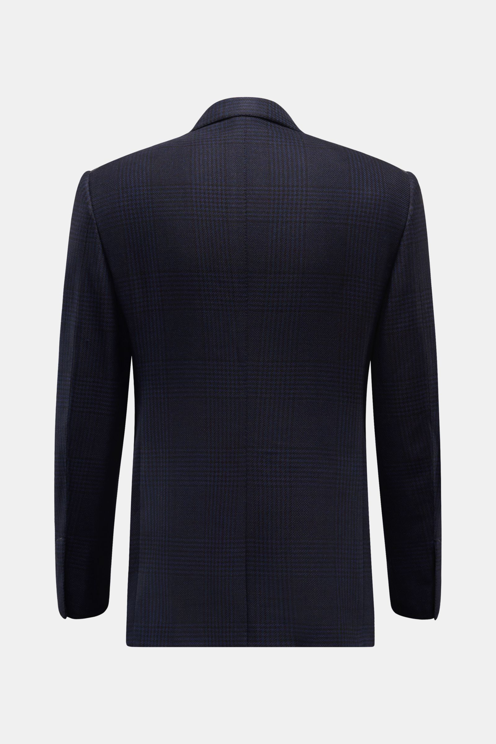 Back view of Tom Ford Sakko 'Shelton' navy/schwarz kariert, a slim fit blazer with subtle Glencheck pattern, made of wool, silk, and linen blend.

Description: Purer Luxus von TOM FORD: Der Klassiker 'Shelton' mit edgy Silhouette und dezentem Glencheck