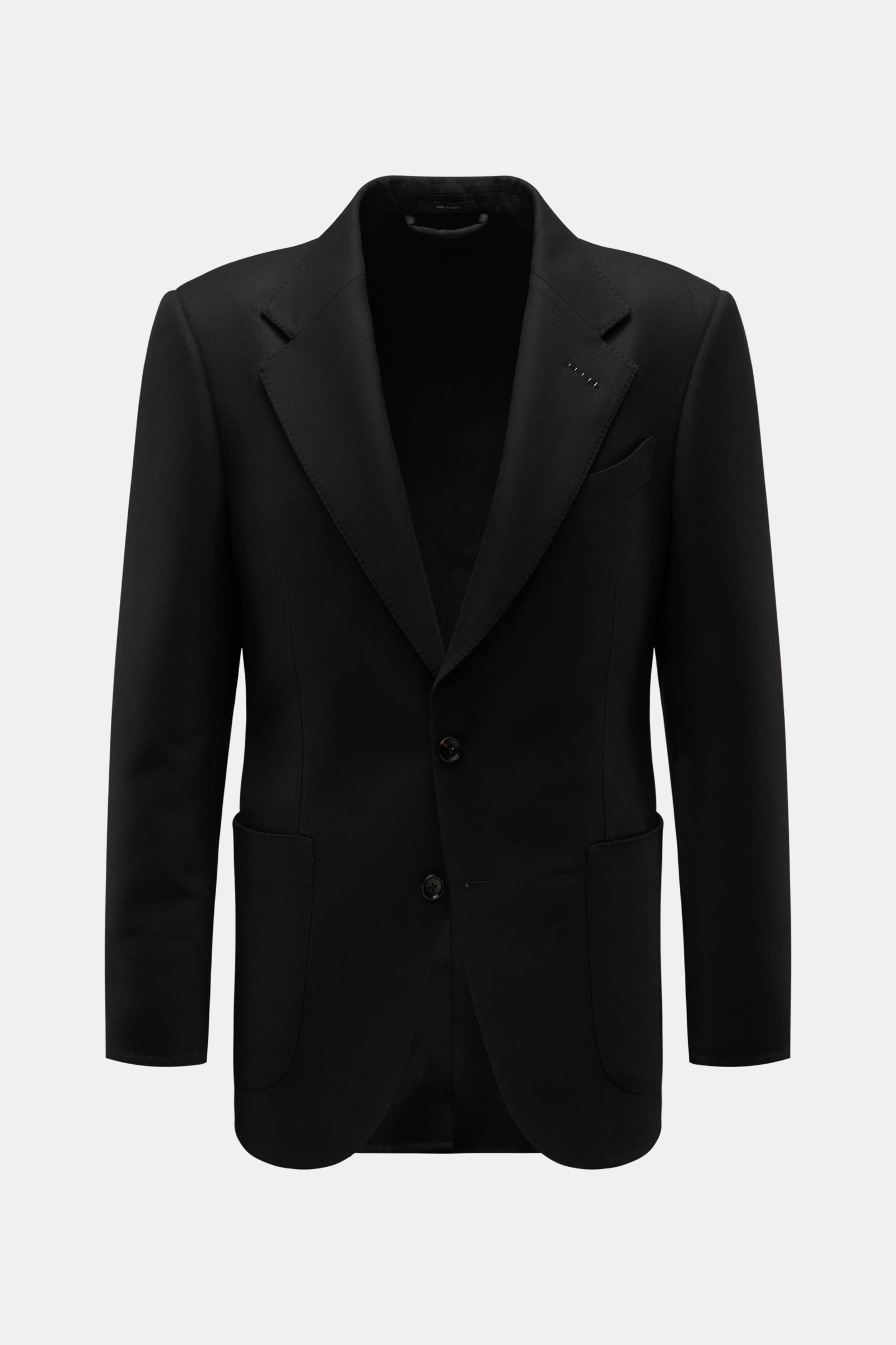 Tom Ford Sakko 'Dylan' schwarz, frontale Ansicht, Slim Fit, Wolle mit Seide, feiner Twill, weicher Griff, taillierter Zwei-Knopf-Stil, fallendes Revers, Brusttasche, aufgesetzte Hüfttaschen, Ärmelabschlüsse unfertig, Seitenschlitze, halb gefüttert, vier I