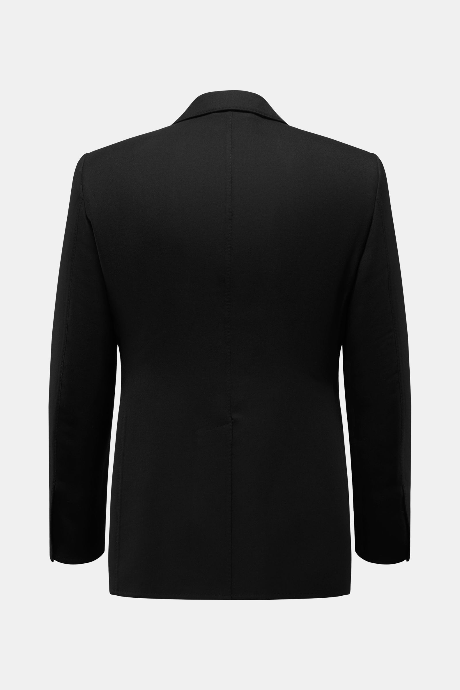 Rückansicht des schwarzen Tom Ford Sakkos 'Dylan' aus Wolle mit Seide, feinem Twill, Slim Fit, tailliertem Zwei-Knopf-Stil, fallendem Revers, Brusttasche, aufgesetzten Hüfttaschen, unfertigen Ärmelabschlüssen, rückwärtigen Seitenschlitzen, halb gefüttert 