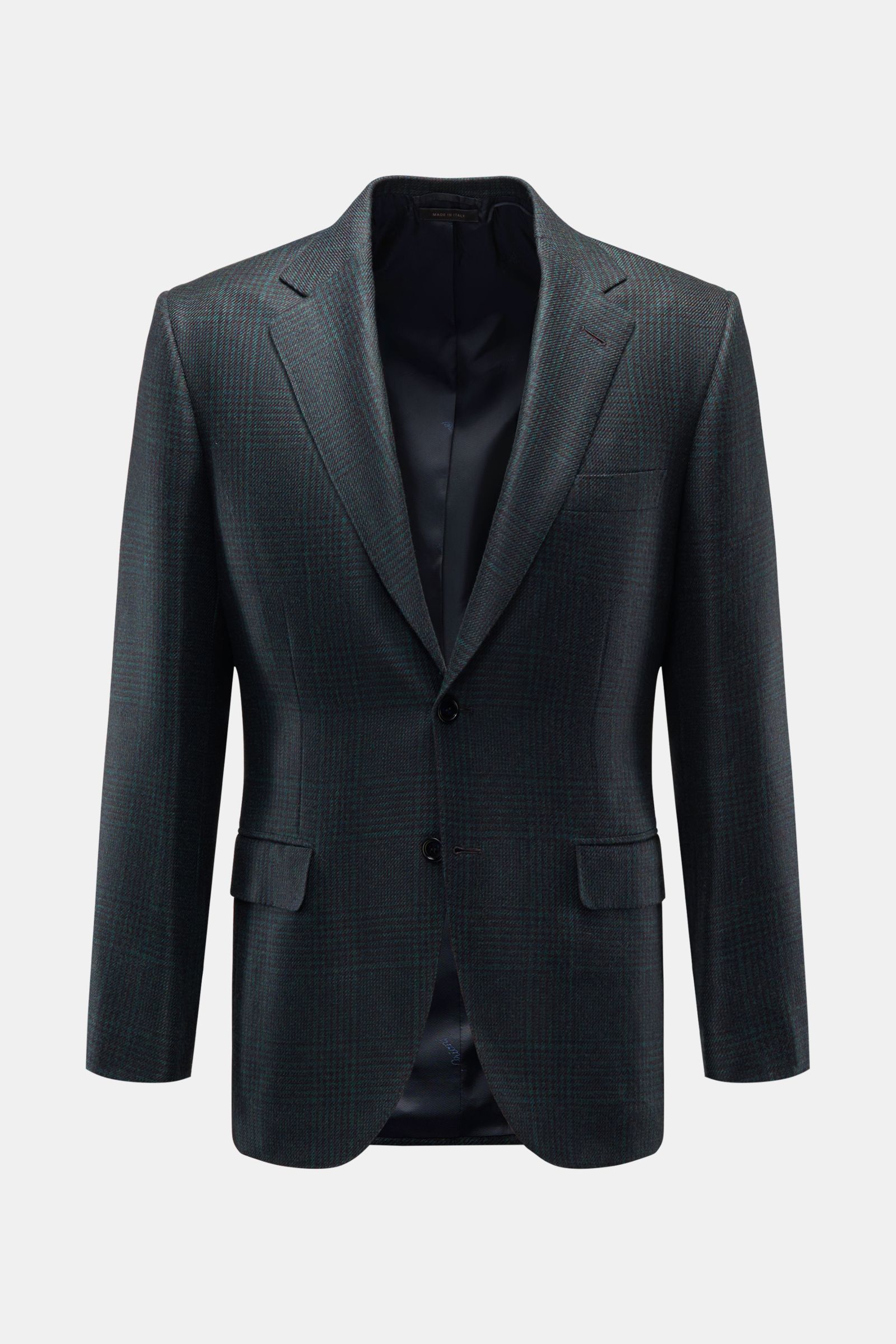 Brioni Cashmere Sakko 'New Plume' dunkelgrün/schwarz kariert, Slim Fit, tailliert, Glencheck, fallendes Revers, Zwei-Knopf-Stil, weiches Futter, Frontansicht.