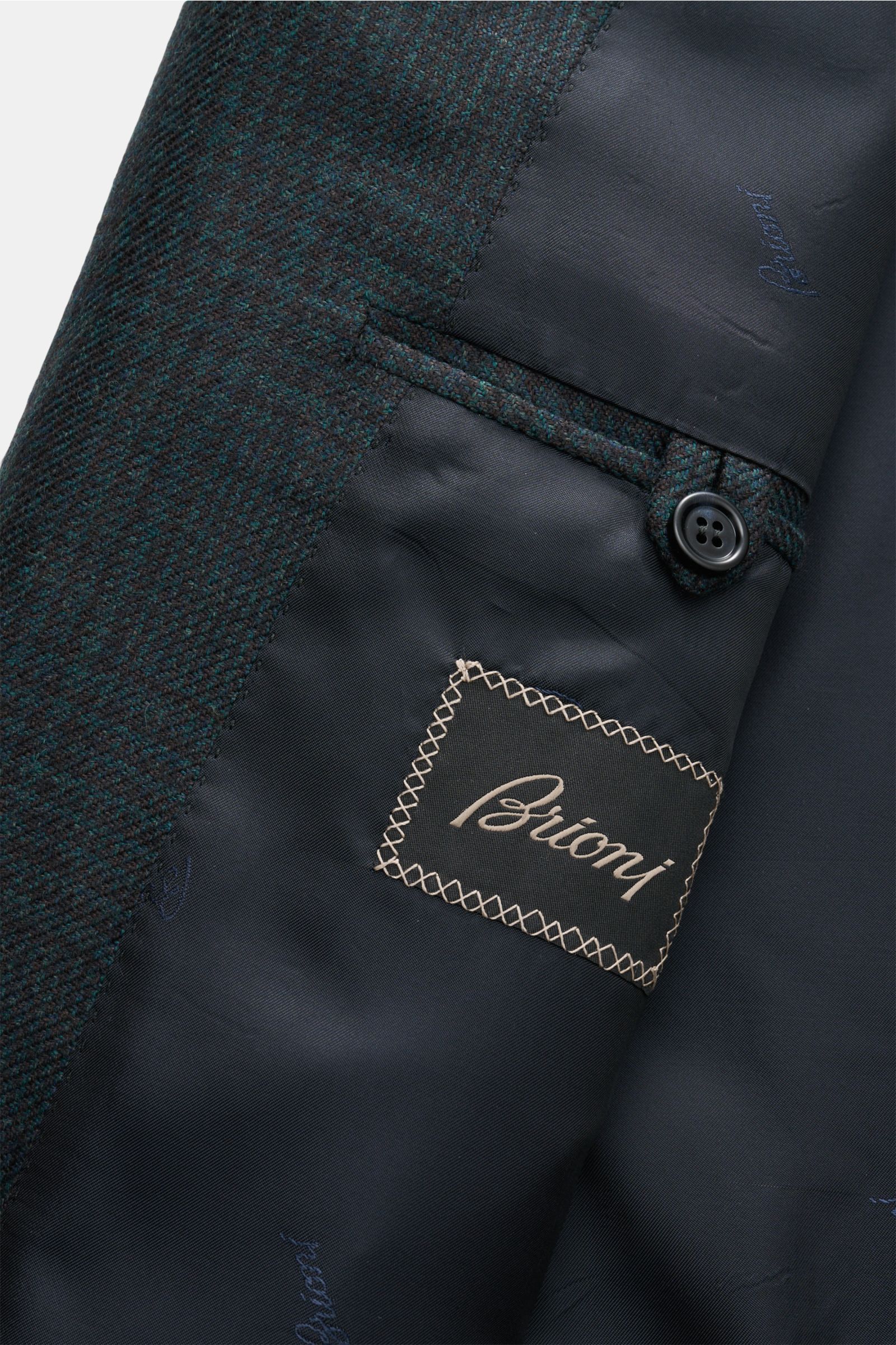 Brioni Cashmere Sakko 'New Plume' dunkelgrün/schwarz kariert, Detailaufnahme Innenfutter mit Label, geschmeidiger Stoff, reiner Cashmere, Slim Fit.