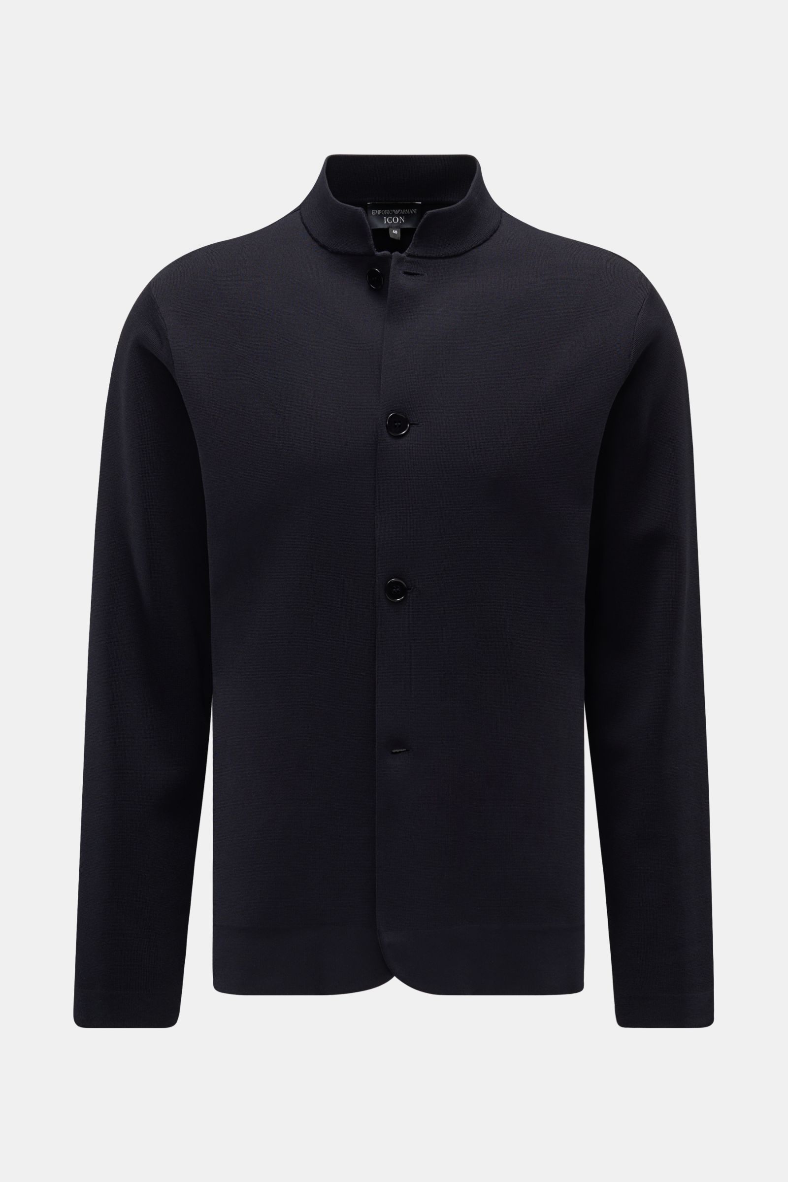 Front view of Emporio Armani Strickblazer navy, a slim fit knit blazer with stand-up collar and four-button placket in a fine viscose and microfiber blend.

Monochromes Piece von GIORGIO ARMANI: Dieser exklusive Strickblazer aus edlem Materialmix mit V