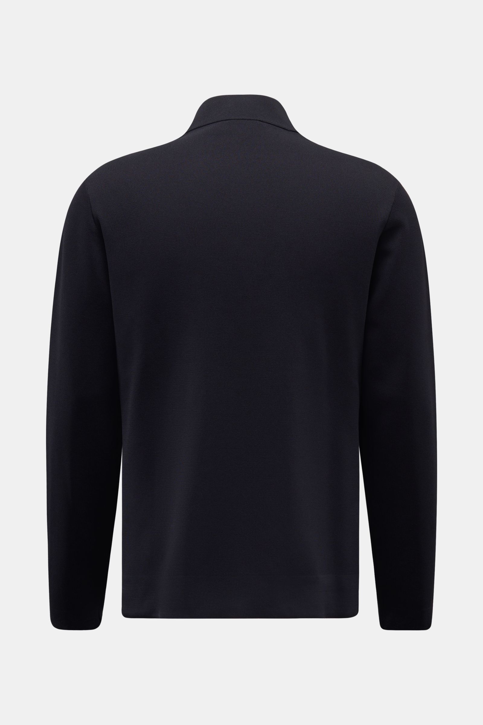 Emporio Armani Strickblazer navy shown from the back, a monochrome piece made from a fine knit blend of viscose and microfiber, slim fit with stand-up collar, four-button placket, side and two inner pockets. Monochromes Piece von GIORGIO ARMANI: Dieser