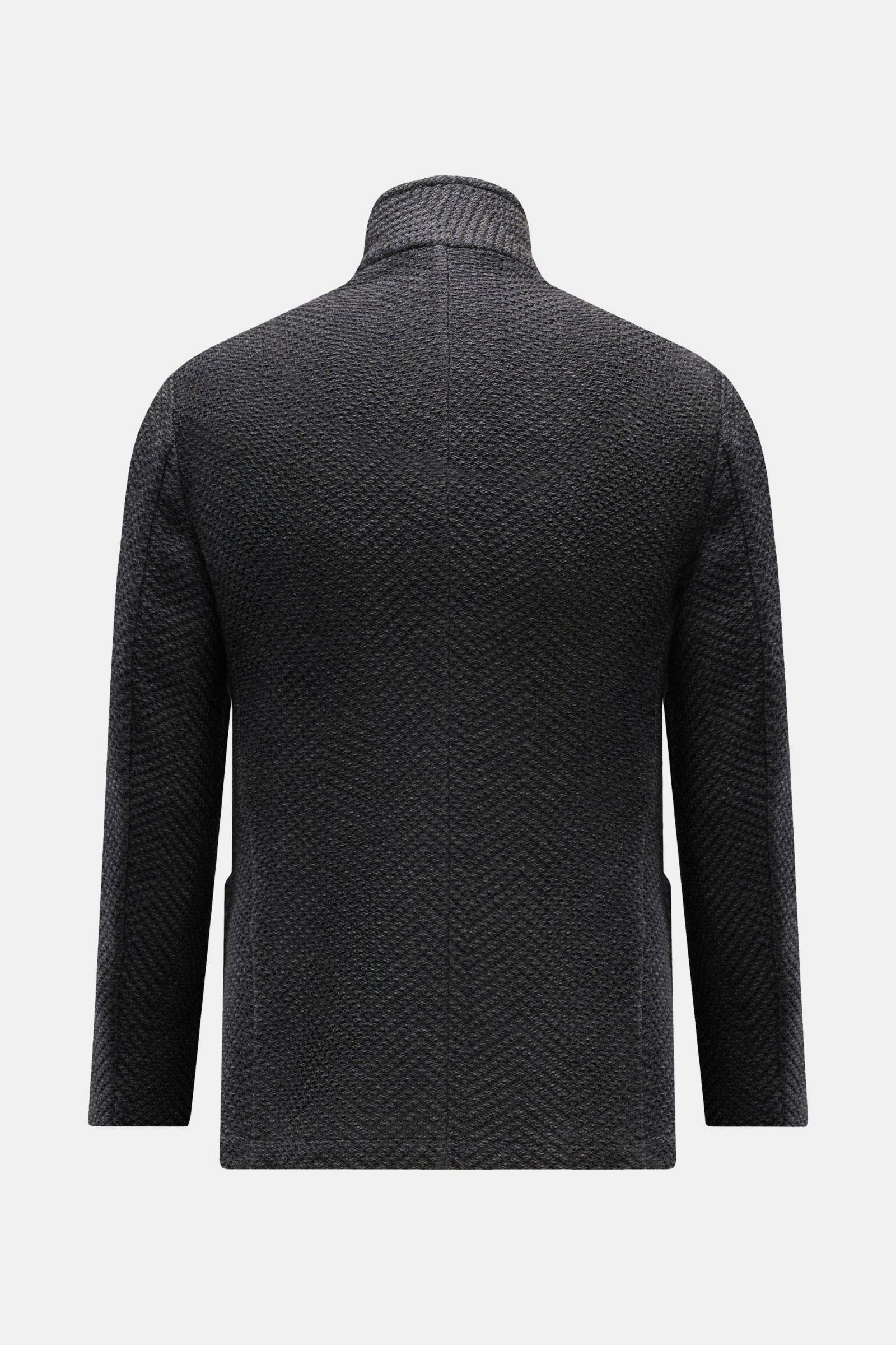 Emporio Armani Blazer dunkelgrau meliert, Rückansicht, Slim Fit, reine Wolle mit luftiger Fischgrat-Struktur, Unconstructed Design, fünf Knöpfe, variable Revers, Hüfttaschen.