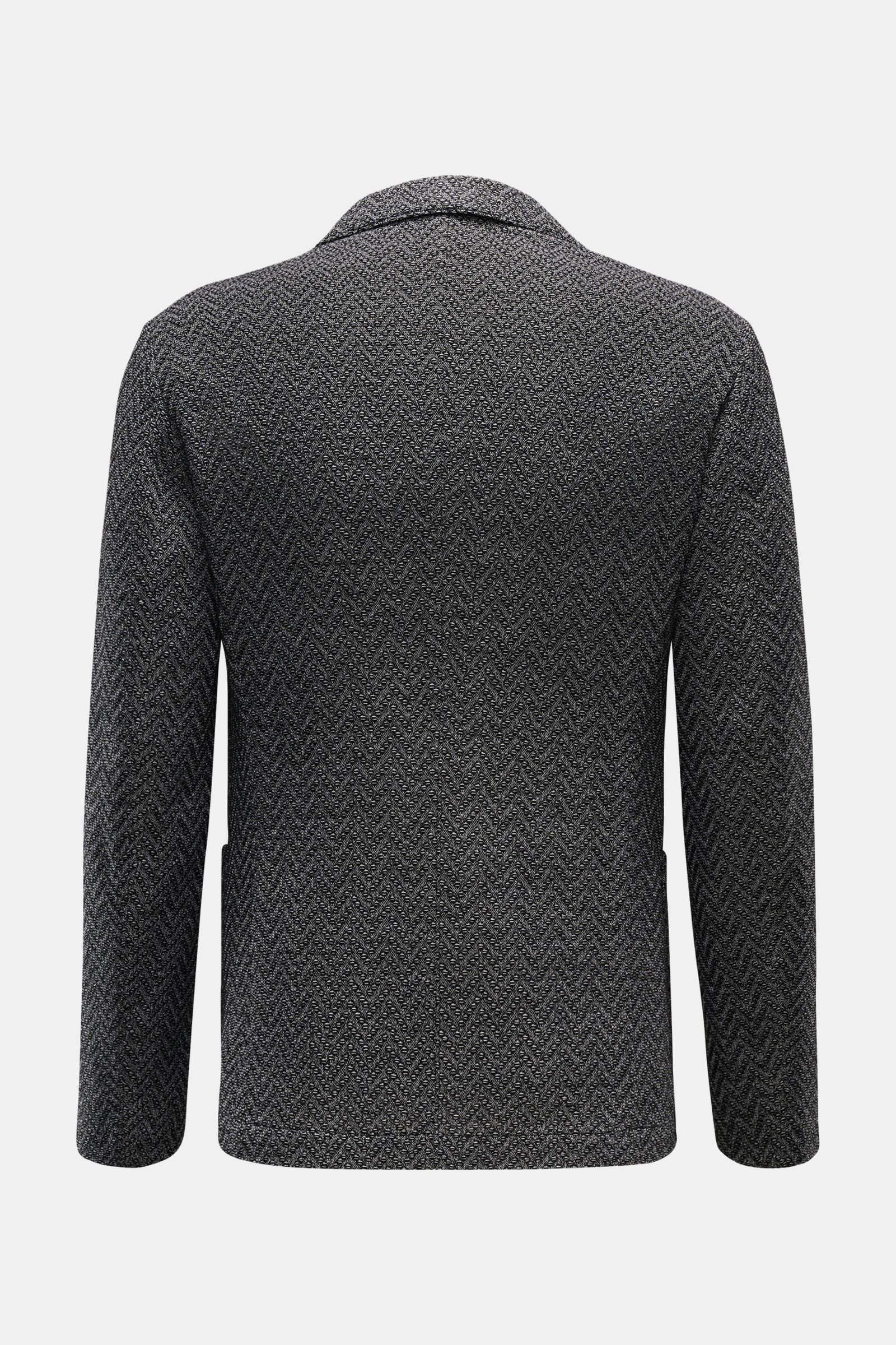 Back view of Emporio Armani Strickblazer schwarz/weiß gemustert, a slim fit black and white wool knit blazer with zig-zag texture, unstructured design.

Description: Edles Piece mit Twist von EMPORIO ARMANI: Mit diesem Blazer aus feinem und leichten St