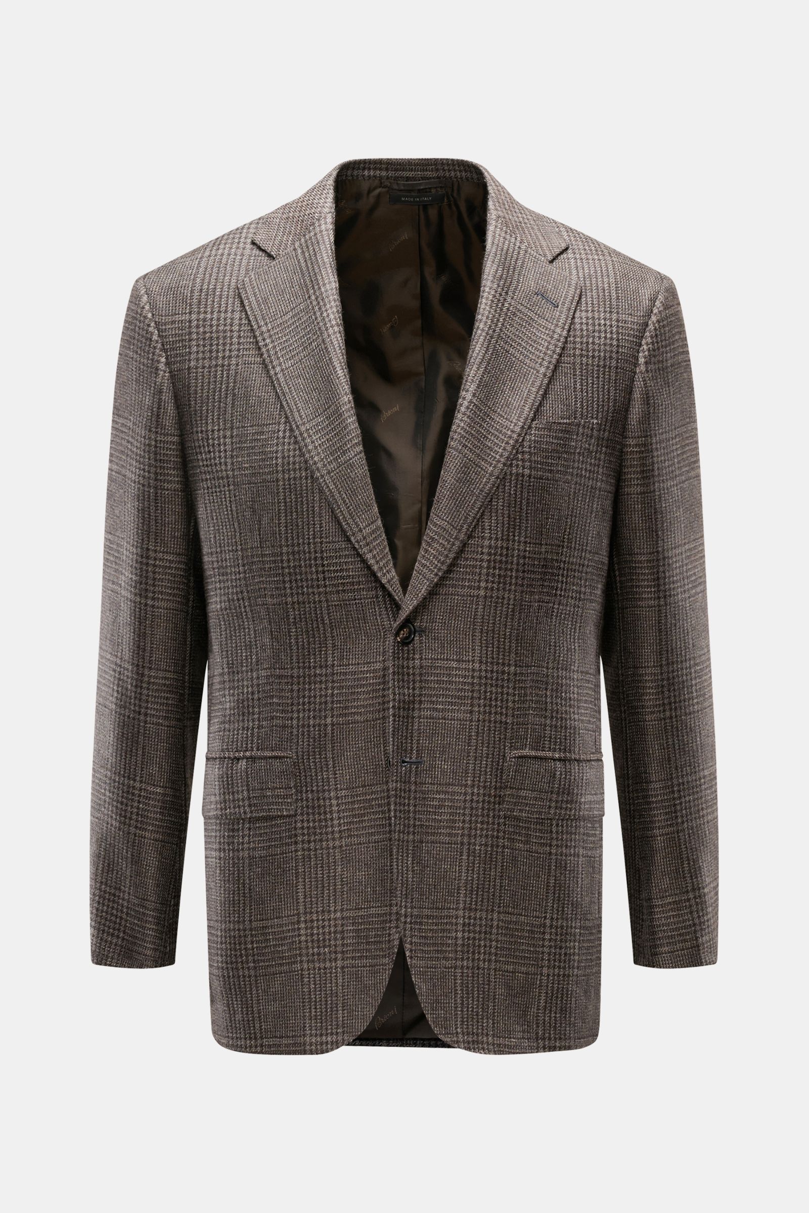 Front view of Brioni Cashmere Sakko 'New Plume' dunkelbraun/graubraun kariert with timeless Glencheck pattern, slim fit, two-button style, and branded lining, showcasing soft pure cashmere craftsmanship.