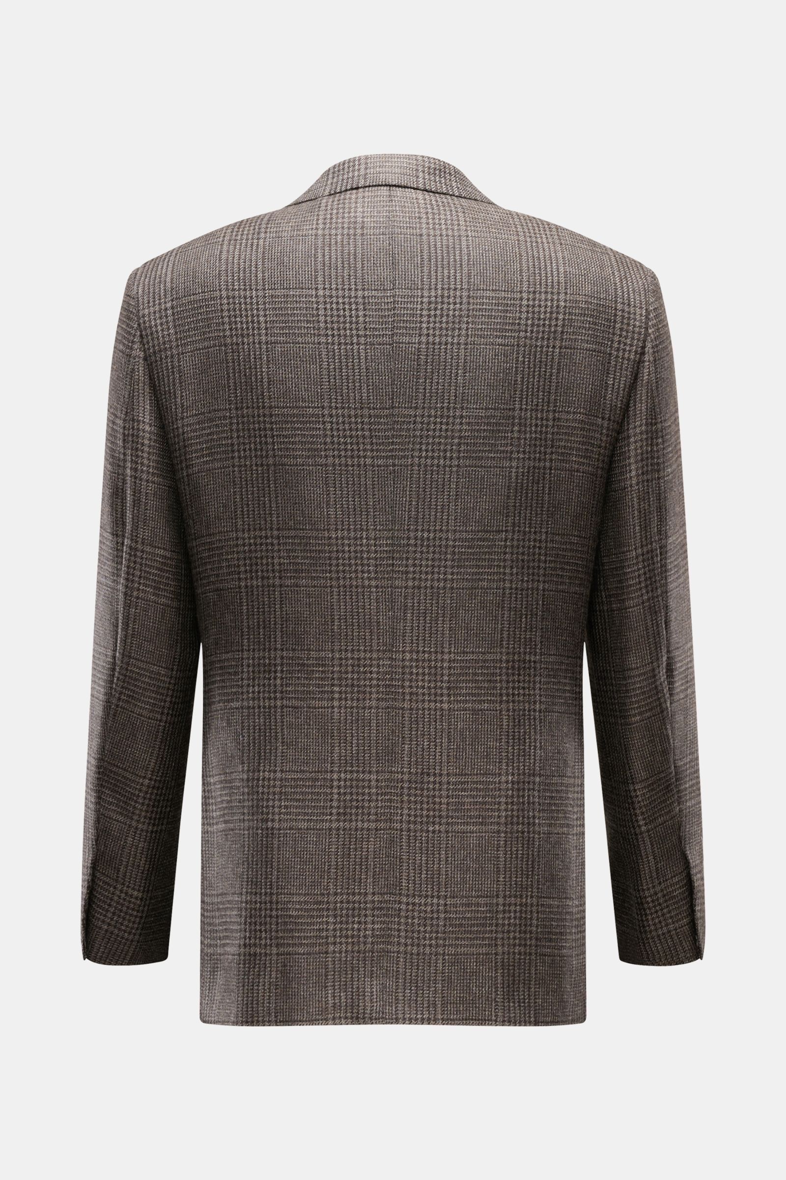 Brioni Cashmere Sakko 'New Plume' dunkelbraun/graubraun kariert shown from the back, featuring a timeless Glencheck pattern.  
Das zeitlose Glencheck-Muster übersetzt BRIONI in eine moderne Silhouette und veredelt es mit handwerklichen Details bis hin 