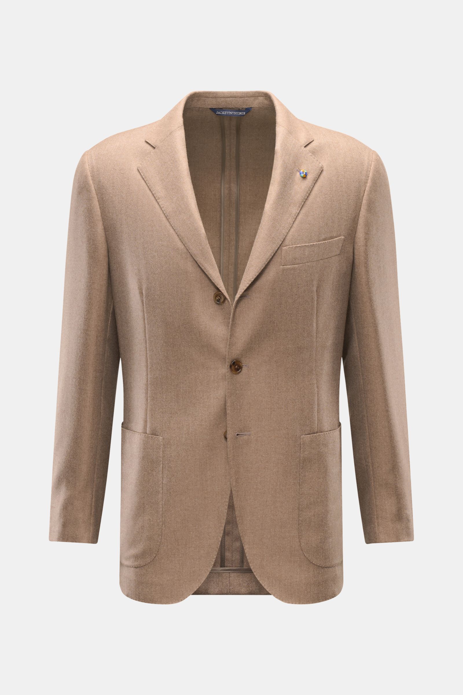Belvest Cashmere Sakko taupe/beige gemustert, Slim Fit, tailliert, drei Knöpfe, fallendes Revers mit Pin, Brust- und Hüfttaschen, frontale Ansicht.
