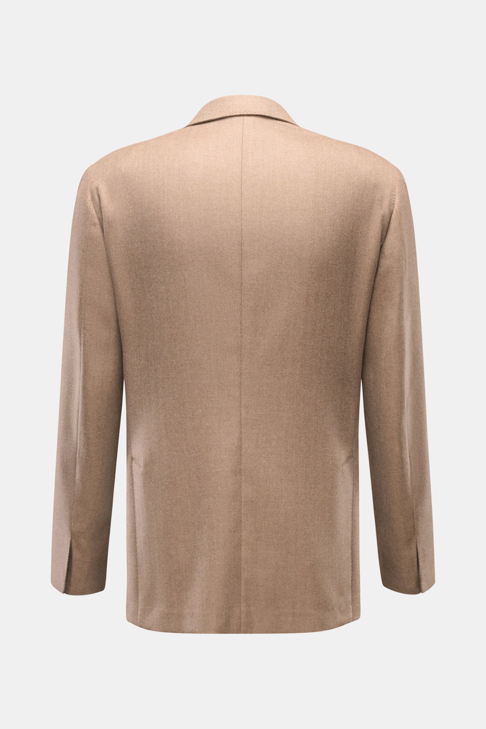 Rückansicht des Belvest Cashmere Sakko taupe/beige gemustert mit Slim Fit, drei Knöpfen, Seitenschlitzen und dezentem Fischgratmuster.