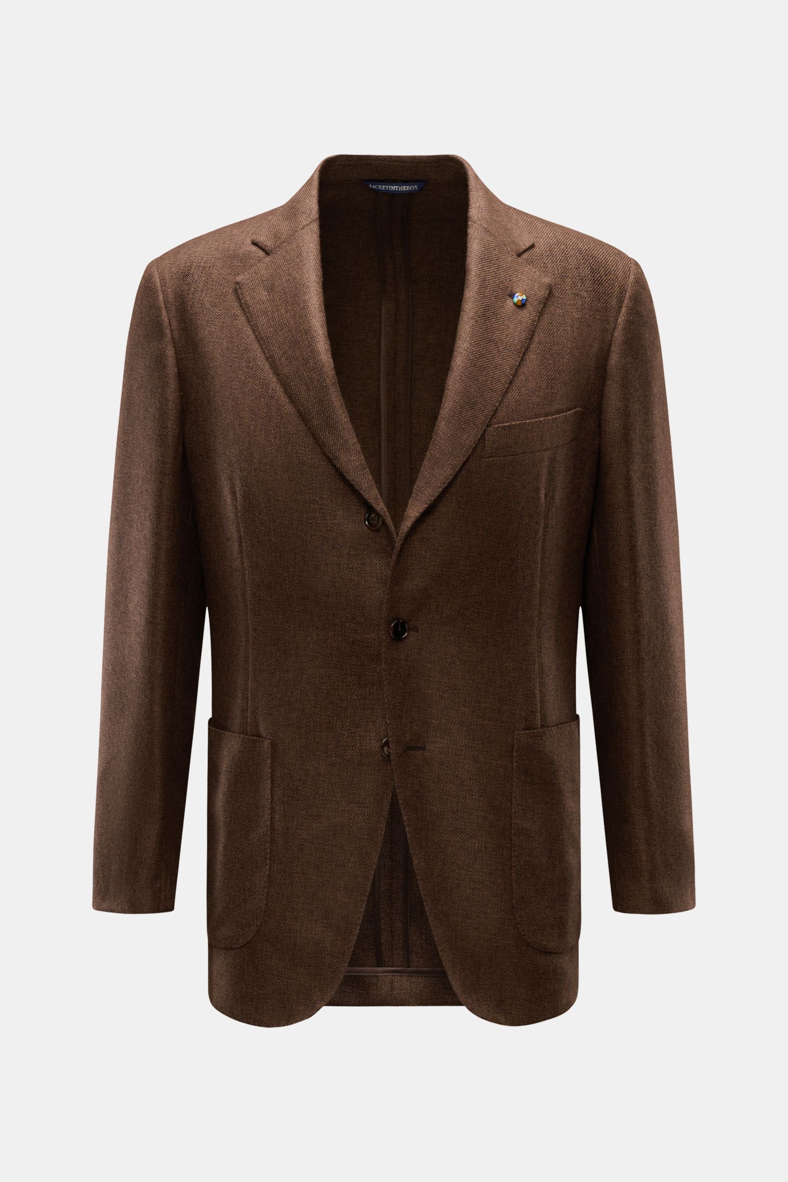 Belvest Cashmere Sakko dunkelbraun meliert, Slim Fit, tailliert, Drei-Knopf-Stil, fallendes Revers, Brust- und Hüfttaschen, weicher Griff, frontal fotografiert.