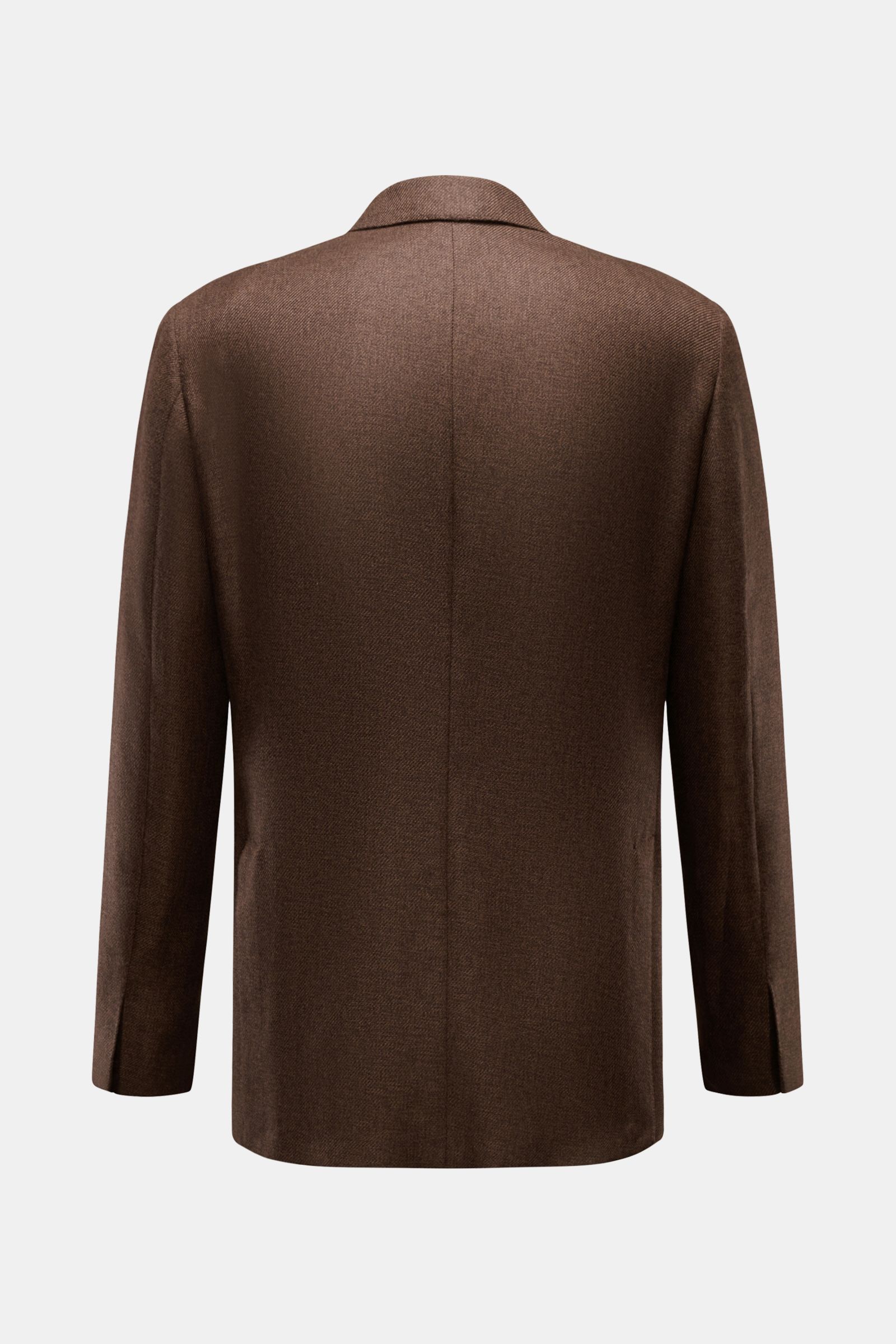 Belvest Cashmere Sakko dunkelbraun meliert, Rückansicht, slim fit, taillierter Drei-Knopf-Stil, reiner Cashmere, weicher Griff, Seitenschlitze, Innentaschen.