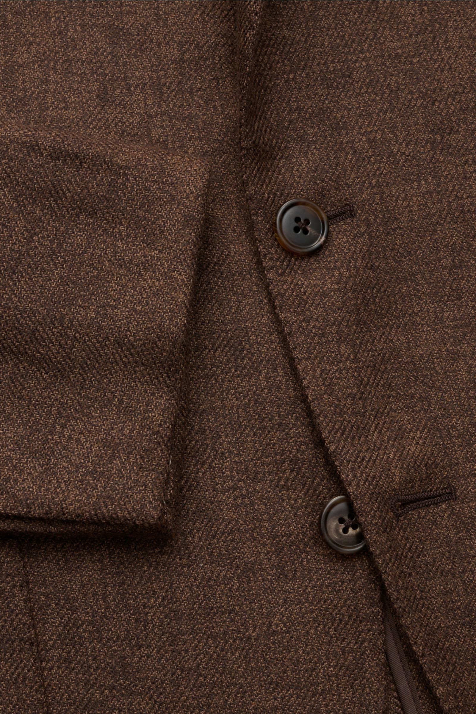 Belvest Cashmere Sakko dunkelbraun meliert, Slim Fit, tailliert, weicher Griff, Drei-Knopf-Stil, fallendes Revers, Detailansicht von vorne oben.