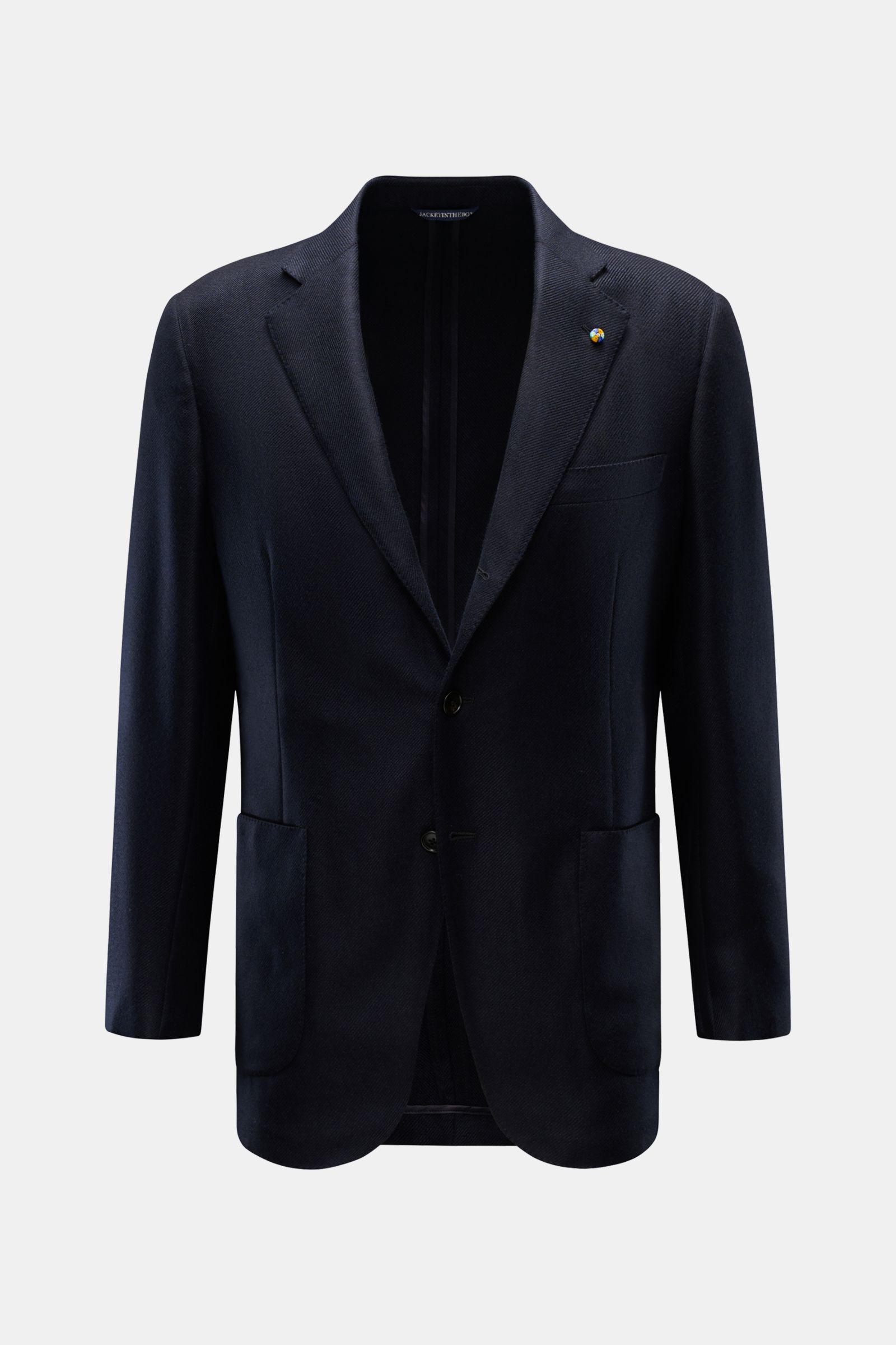 Belvest Cashmere Sakko navy vorn frontal, Slim Fit, reiner Cashmere, taillierter Drei-Knopf-Stil mit fallendem Revers, Brust- und Hüfttaschen.