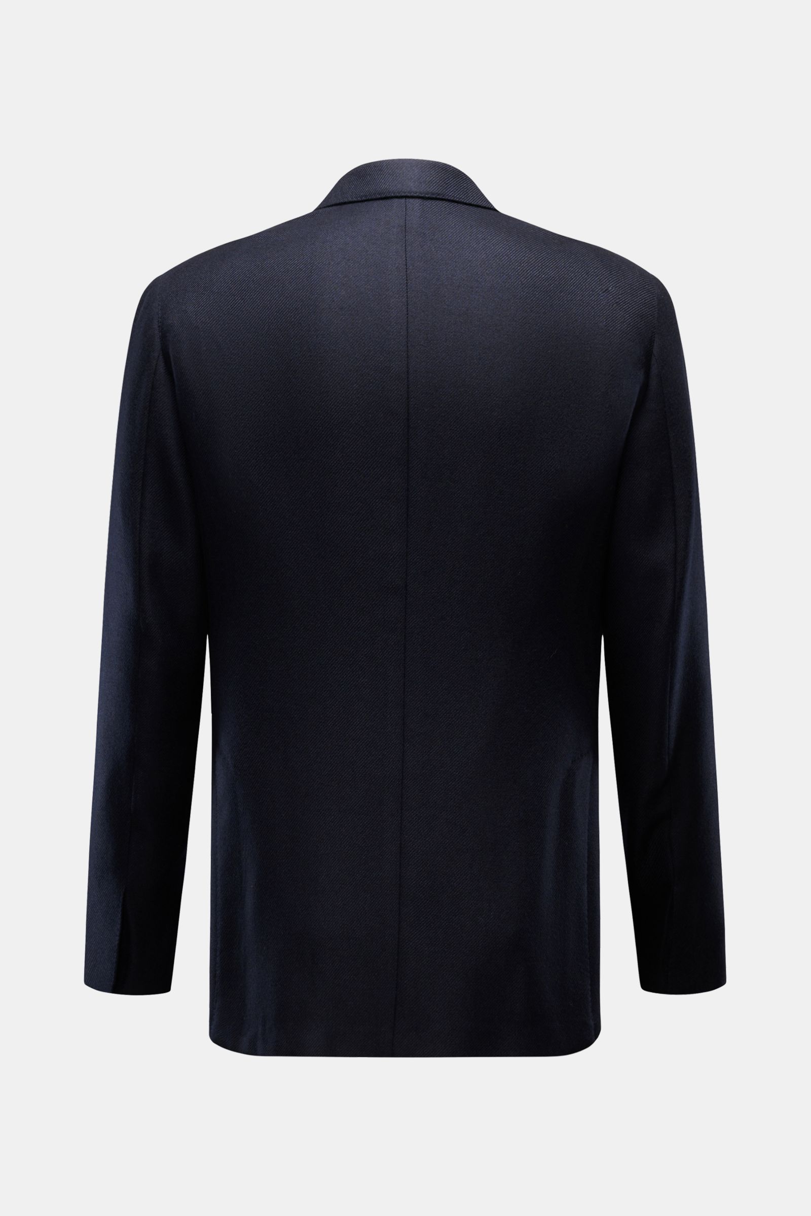 Belvest Cashmere Sakko navy in Slim Fit, tailliert, reine Cashmere-Qualität, Rückansicht mit Seitenschlitzen, weicher Griff, drei Knöpfe.