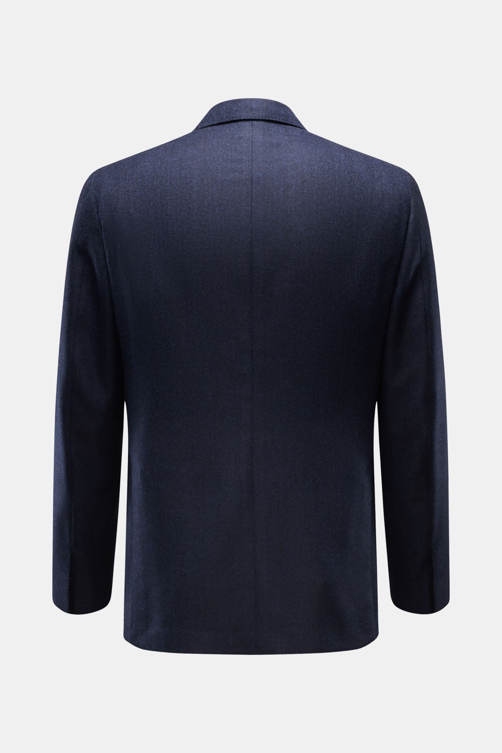 Belvest Sakko navy Rückansicht, Slim Fit, tailliert, weiche reine Wolle mit tonalem Fischgrat, fallendes Revers, Seitenschlitze, Innentaschen.
