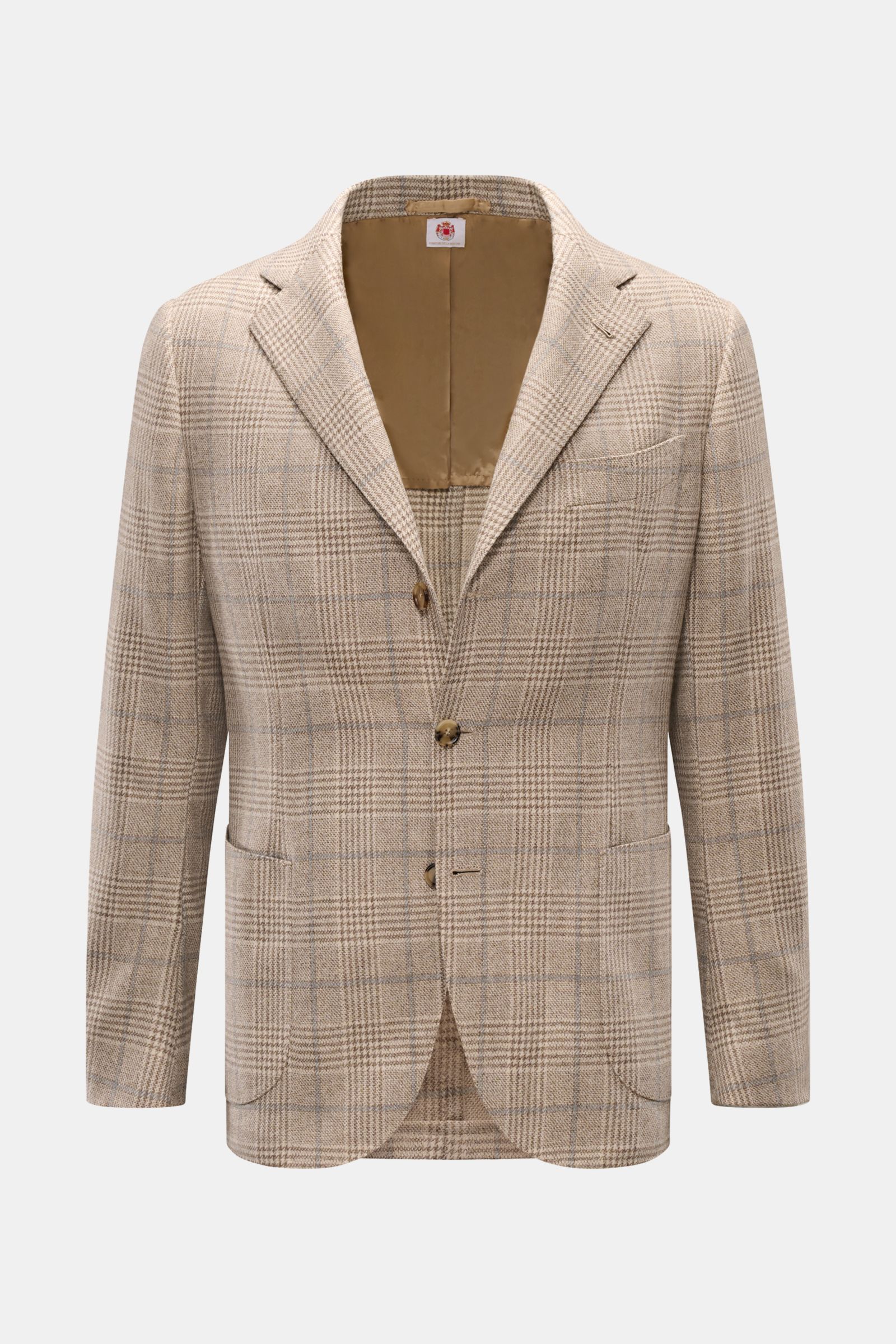 Borrelli Sakko 'Procida' beige/graubraun kariert, Slim Fit, Mix aus Wolle und Cashmere, taillierter Drei-Knopf-Stil, Glencheck, frontal fotografiert.