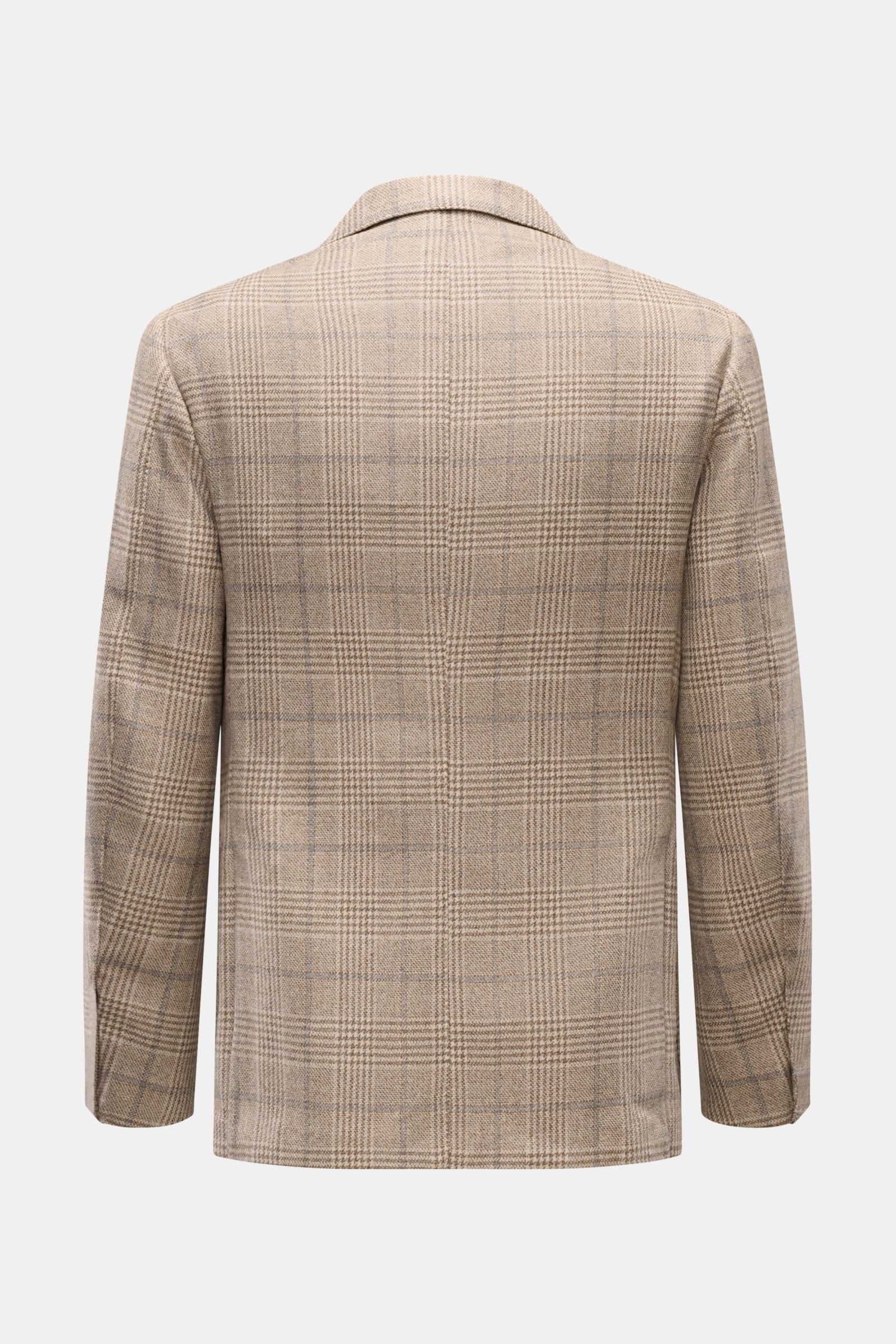 Borrelli Sakko 'Procida' beige/graubraun kariert, Rückansicht, Slim Fit, Mix aus Wolle und Cashmere, Glencheck, tailliert, halb gefüttert, Seitenschlitze.