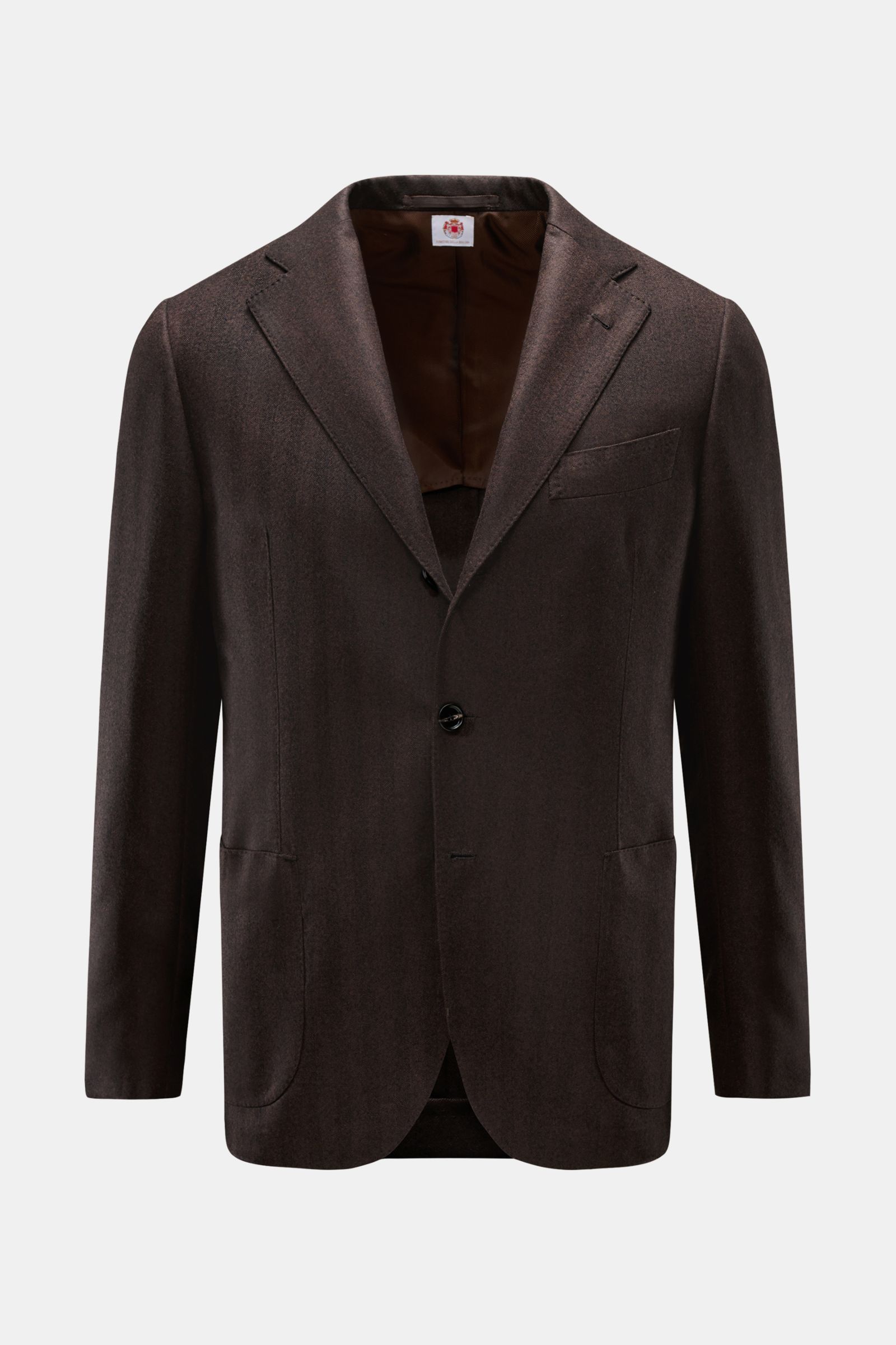 Vorderansicht des Borrelli Sakko 'Procida' dunkelbraun aus reiner Schurwolle mit tonalem Fischgrat, Slim Fit, tailliertem Drei-Knopf-Stil, fallendem Revers, klassischer Brusttasche, aufgesetzten Hüfttaschen, unfertigen Ärmelabschlüssen, rückwärtigen Seite