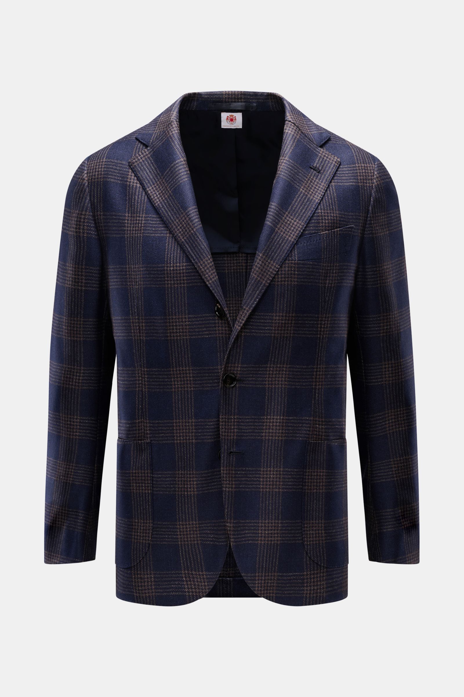 Front view of Borrelli Smart-casual jacket 'Procida' dark blue/beige checked, featuring a blend of wool, silk and linen, stable feel, classic checked pattern, slim fit, fitted three-button style, step lapel, classic breast pocket, patch hip pockets, unfin