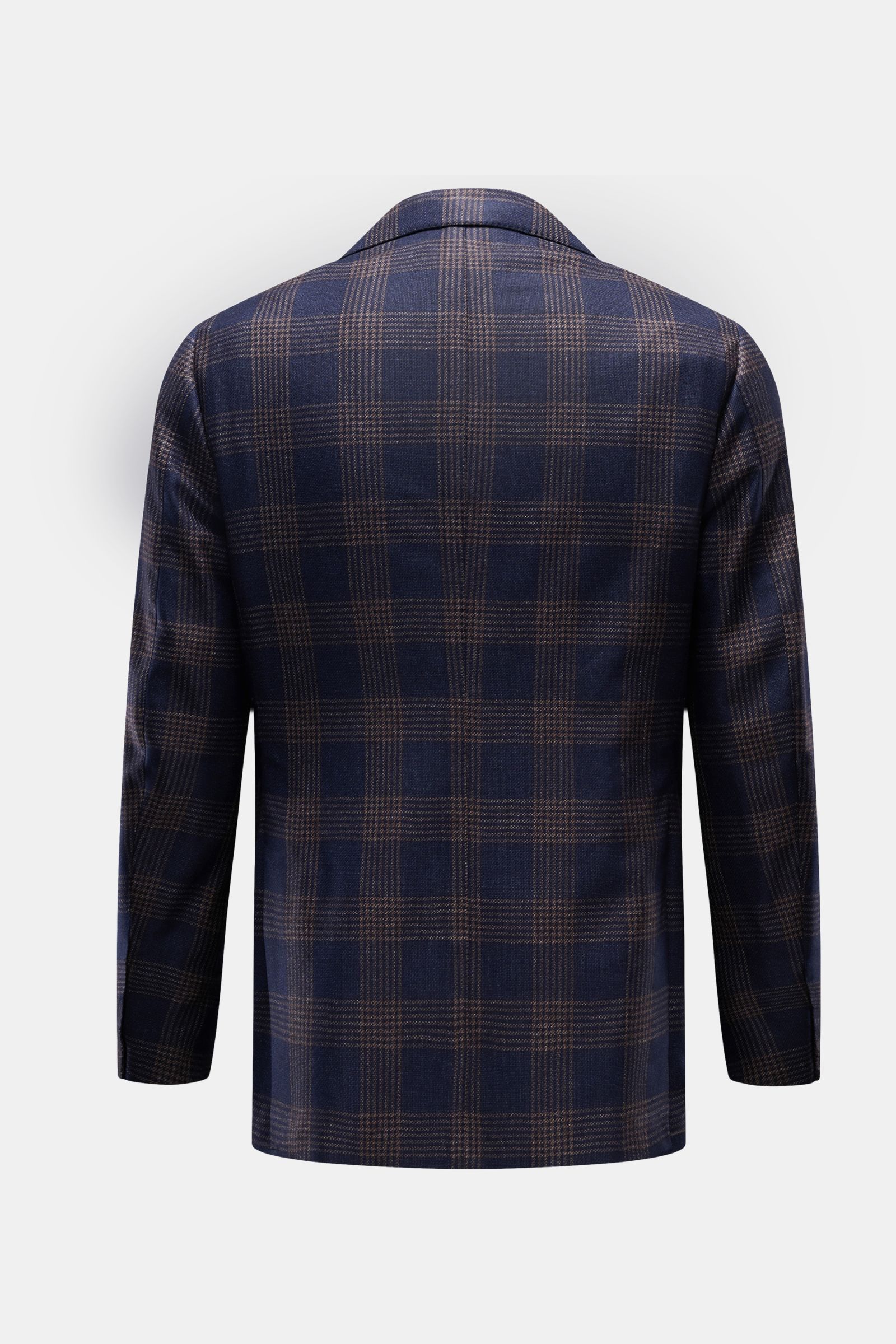 Borrelli Smart-casual jacket 'Procida' dark blue/beige checked shown from the back, featuring blend of wool, silk and linen, stable feel, classic checked pattern, slim fit, fitted three-button style, step lapel, classic breast pocket, patch hip pockets, u