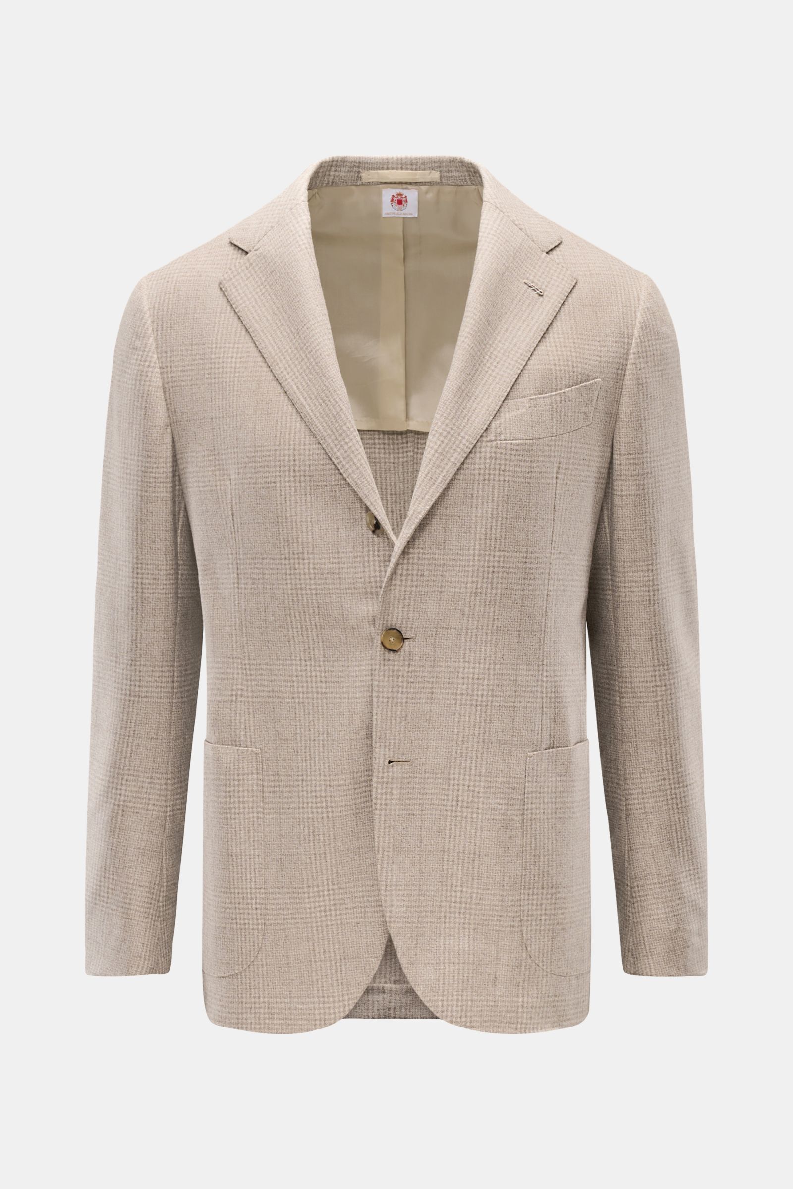 Borrelli Sakko 'Procida' beige/hellgrau kariert, Slim Fit, aus reiner Schurwolle mit klassischem Karomuster, frontale Produktansicht, taillierter Drei-Knopf-Stil.