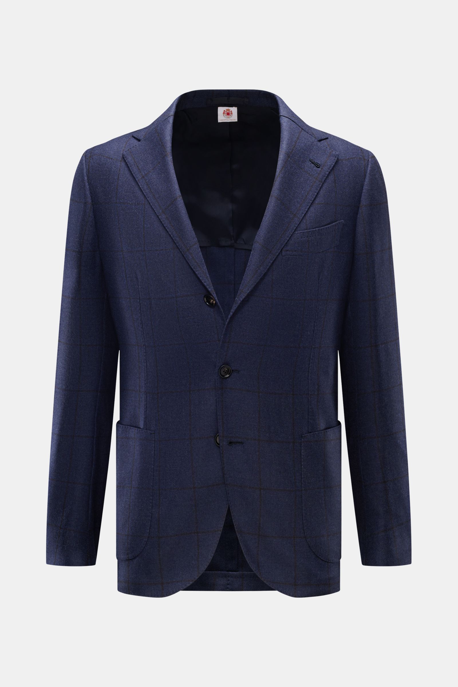 Borrelli Sakko 'Procida' navy/schwarz kariert, Slim Fit, taillierter Drei-Knopf-Stil, fallendes Revers, reine Schurwolle, softer Griff, grobes Karomuster, halb gefüttert, Brusttasche, Hüfttaschen, Ärmelabschlüsse unfertig, Seitenschlitze, zwei Innentasche