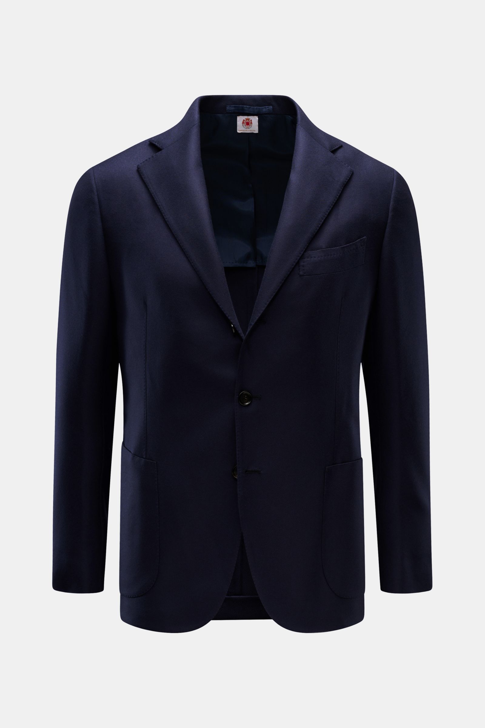 Borrelli Sakko 'Procida' navy, frontale Ansicht, Slim Fit, Twill aus reiner Wolle, soft, taillierter Drei-Knopf-Stil, fallendes Revers, Brust- und Hüfttaschen, Ärmelabschluss unfertig, rückwärtige Seitenschlitze, halb gefüttert, zwei Innentaschen.