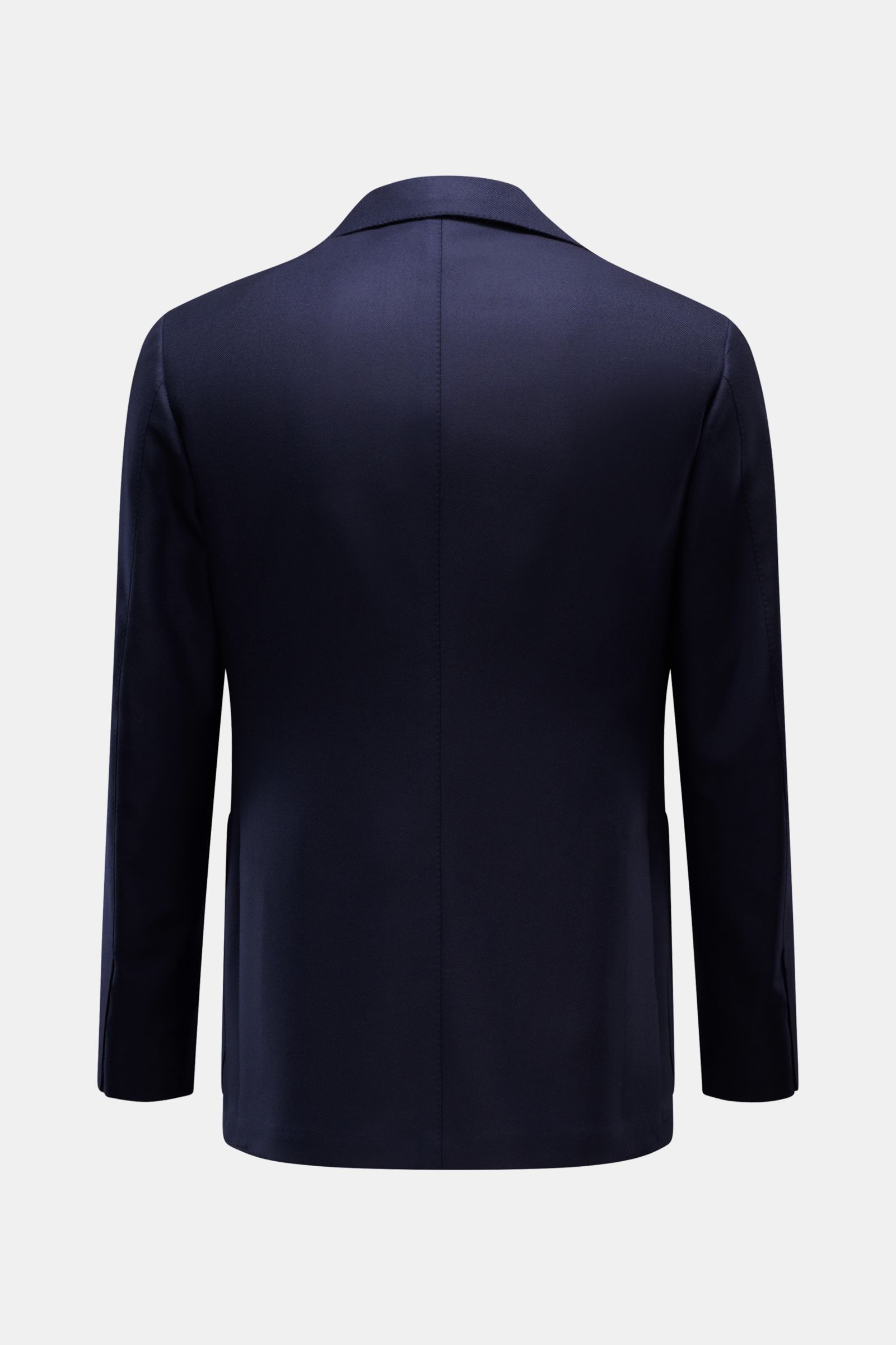 Borrelli Sakko 'Procida' navy Rückansicht, Twill aus reiner Wolle, softer Griff, Slim Fit, taillierter Drei-Knopf-Stil, fallendes Revers, Taschen, Ärmelabschlüsse unfertig, halb gefüttert.
