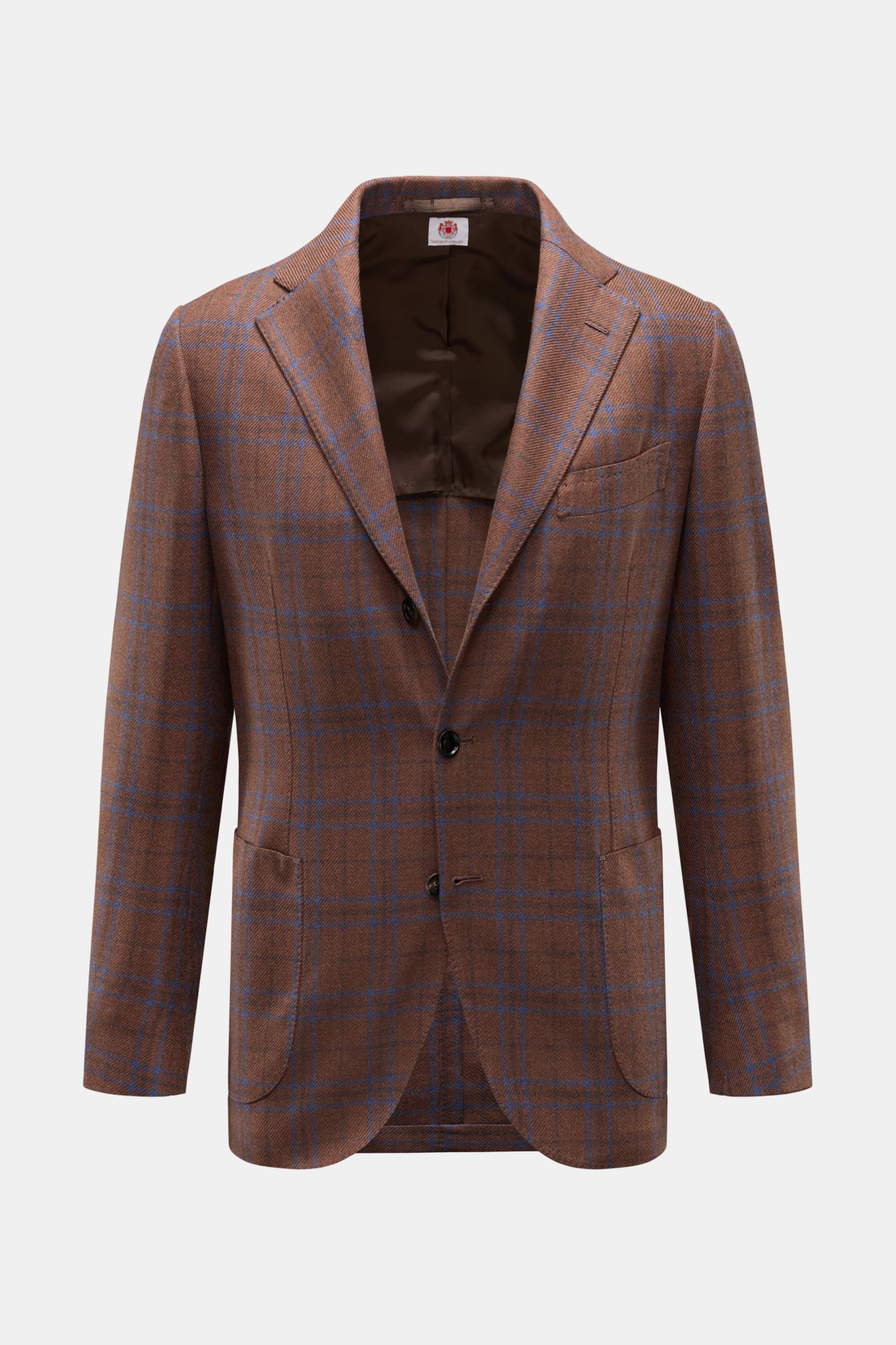 Borrelli Sakko 'Procida' braun/dunkelblau kariert in Slim Fit, frontale Ansicht, Mix aus Wolle und Cashmere, weicher Griff, taillierter Drei-Knopf-Stil, fallendes Revers, Brusttasche, Hüfttaschen, Ärmelabschlüsse unfertig, Seitenschlitze, halb gefüttert, 