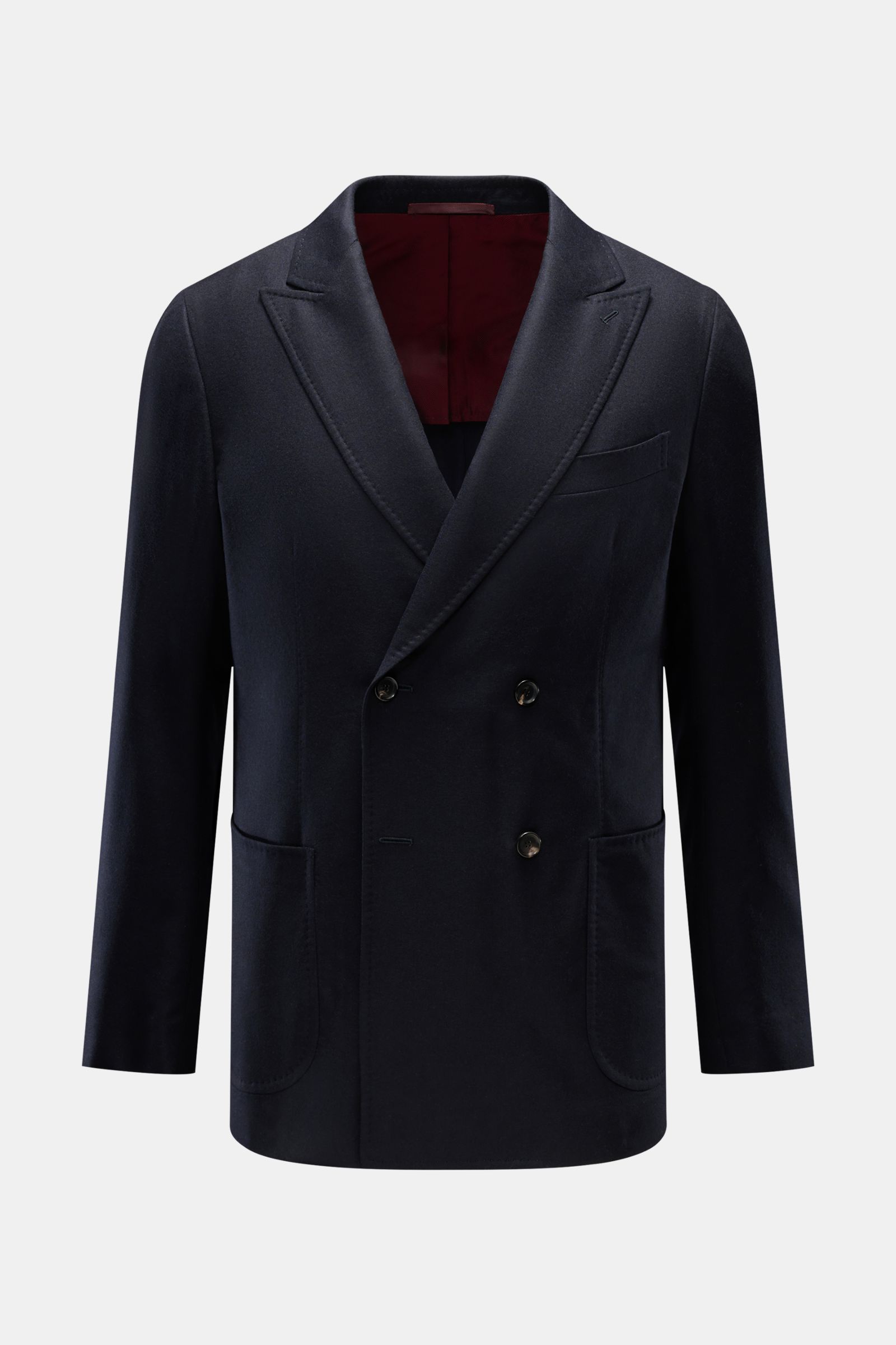 Front view of Sipario Sakko 'Ivan' navy, a slim fit, double-breasted office blazer with cashmere blend, soft touch, peak lapels, patch hip pockets, classic chest pocket, unfinished sleeve cuffs, back side vents, half-lined interior, and three inner pocket