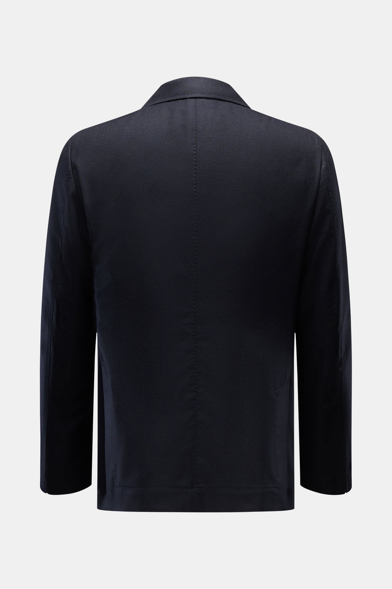 Back view of the Sipario Sakko 'Ivan' navy, a slim fit office blazer with a soft cashmere and microfiber mix, featuring unfinished sleeve cuffs, rear side vents, and a timeless elegant look. Stilvoller Office-Auftritt: Das Sakko 'Ivan' von SIPARIO verleih