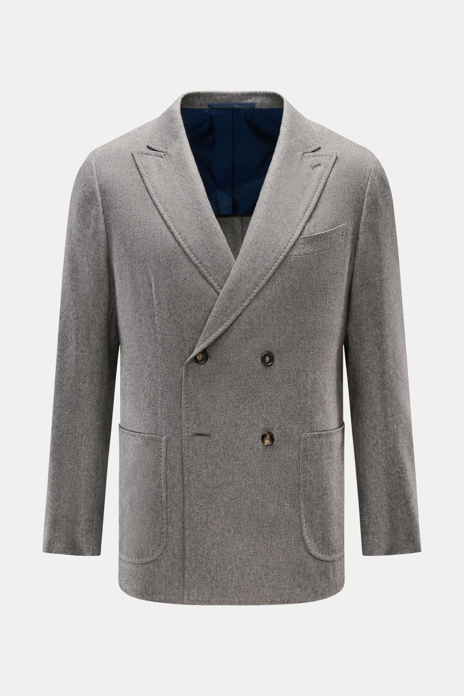 Frontale Ansicht des Sipario Sakko 'Ivan' grau meliert, zweireihig mit zwei Knöpfen, Spitzrevers, Brust- und aufgesetzten Hüfttaschen, Slim Fit.