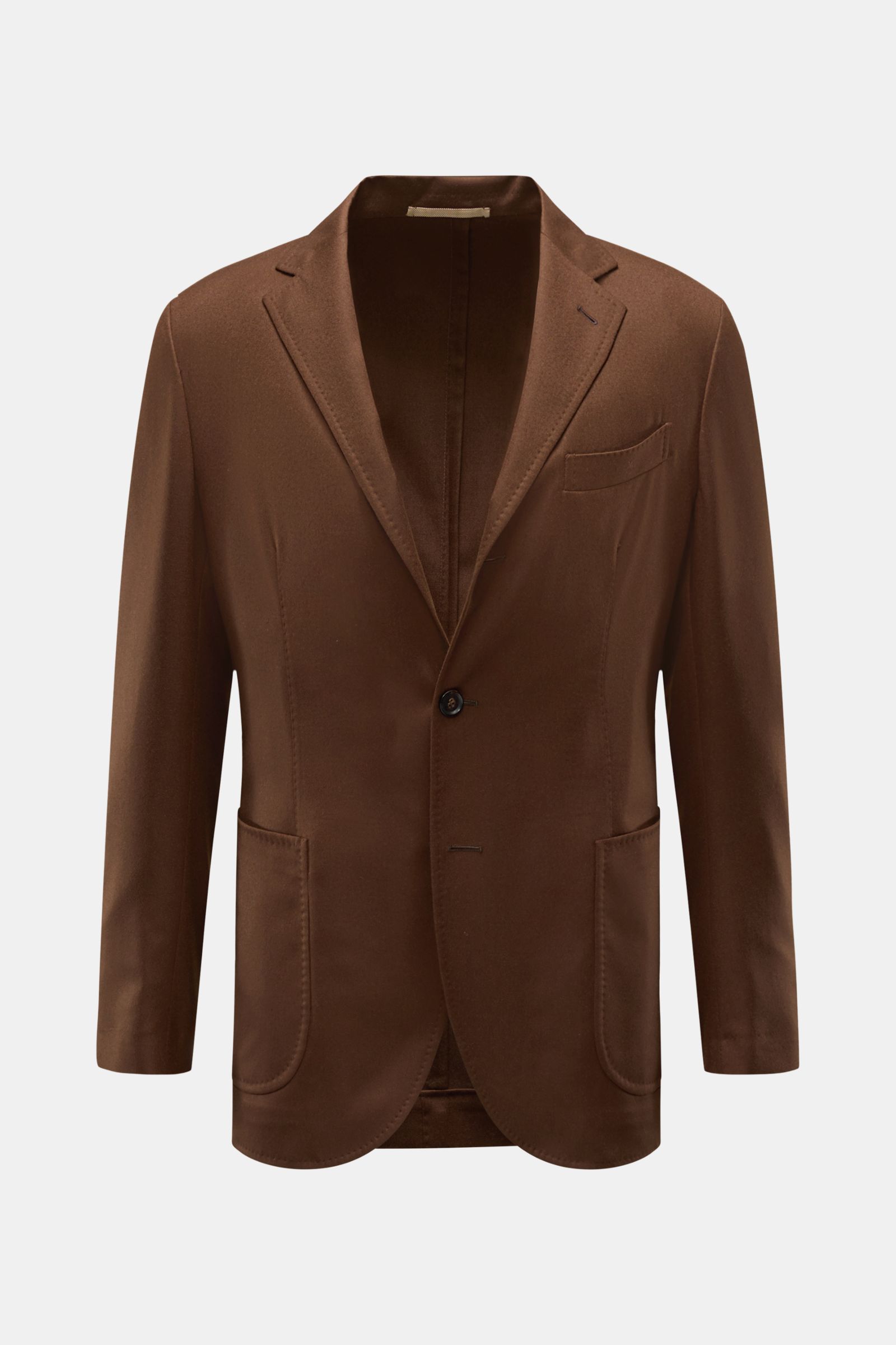 Front view of the Sipario Sakko 'Ginza' braun, a slim fit, super lightweight brown wool blazer with a tailored three-button style, half-lined body, unfinished sleeve cuffs, classic chest pocket, patch hip pockets, rear side vents, and two inner pockets. 