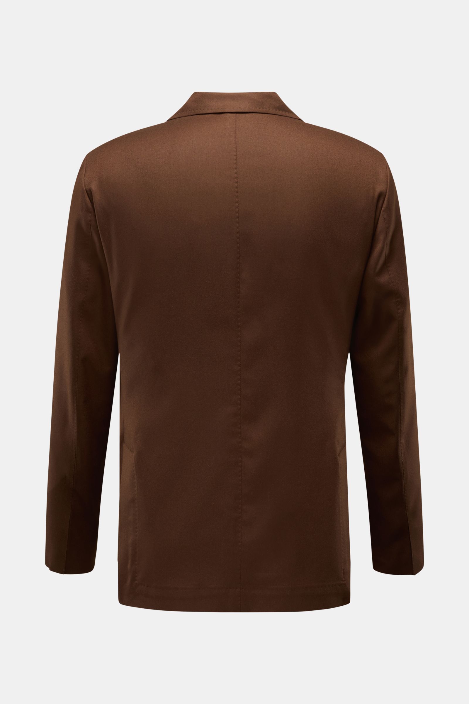 Back view of the Sipario Sakko 'Ginza' braun, a slim fit, super light brown wool blazer with half lining and unfinished sleeve cuffs.

Der Inbegriff von Unconstructed – also der Verzicht auf Futterstoff im Korpus, aber nicht in den Ärmeln – ist das sup