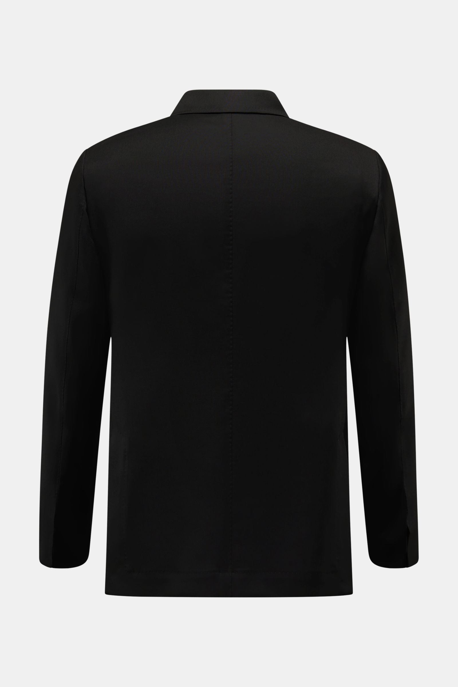 Rear view of Sipario Sakko 'Ginza' navy, a slim fit, lightweight wool-viscose blend jacket with tonal herringbone pattern and unfinished sleeve cuffs, showcasing its tailored three-button style and back side vents. Elegance without heaviness: Das Sakko 'G