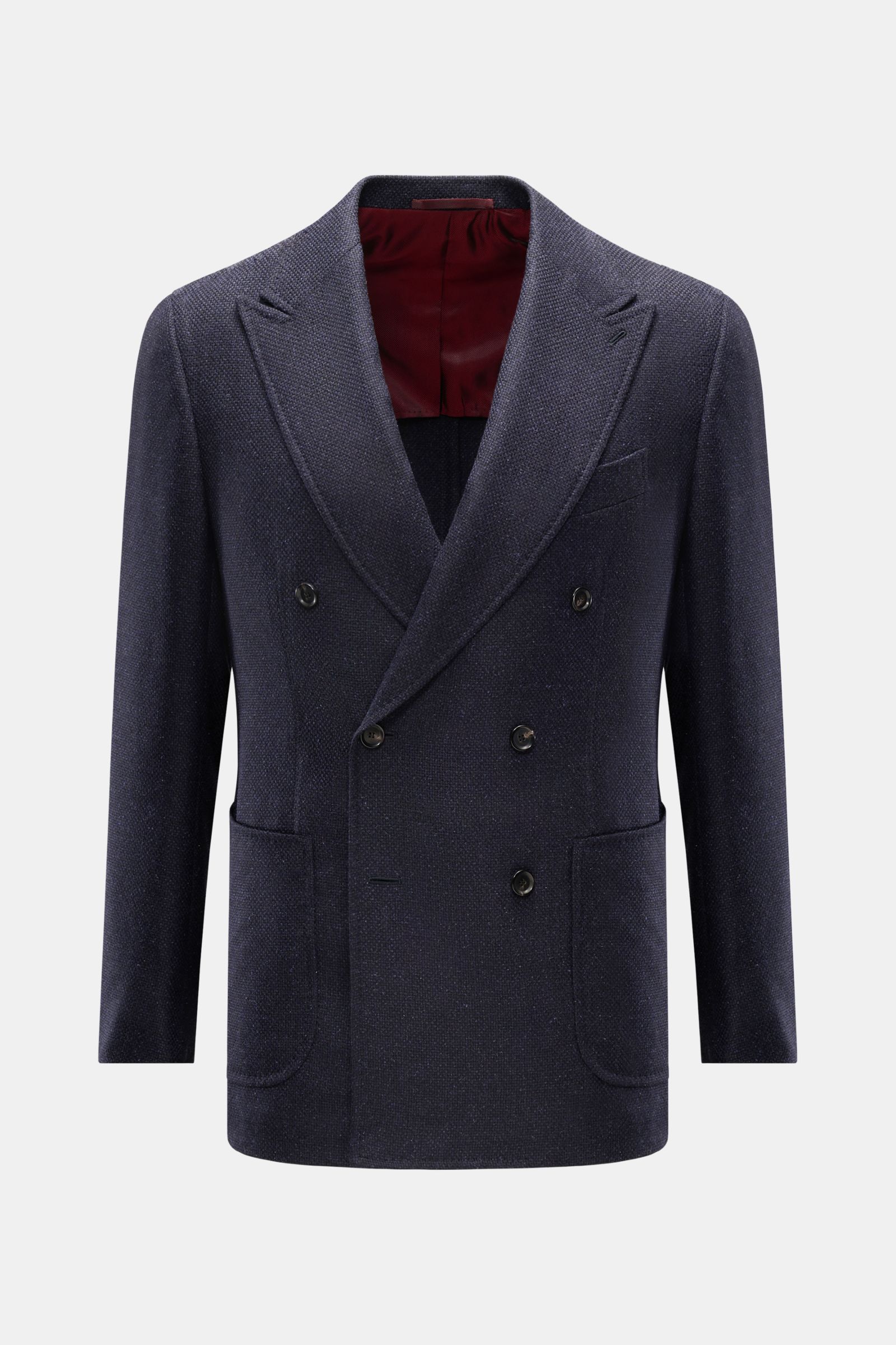 Front view of Stile Latino Smart-casual jacket 'Andrea' dark navy, double-breasted with pointed lapels and patch hip pockets.

An eye for detail and an impeccable finish is what we have come to expect from the Neapolitan artisans, and the exclusive sma