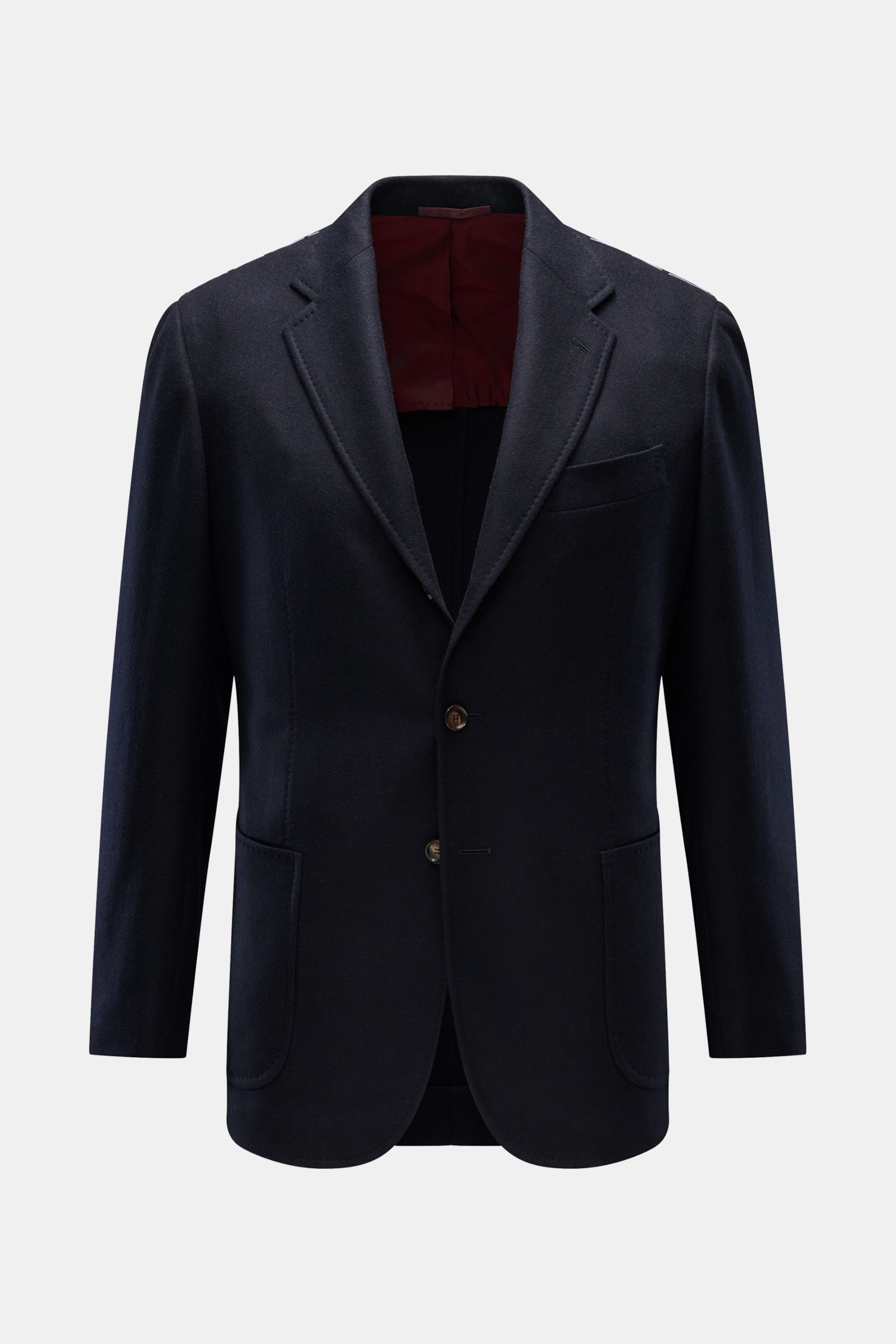 Stile Latino Sakko 'Vincenzo' navy, frontal fotografiert, Slim Fit mit Wolle/Cashmere, tonalem Fischgrat, taillierter Drei-Knopf-Stil, fallendes Revers, Brusttasche, Hüfttaschen, unfertige Ärmel, Seitenschlitze, halb gefüttert, drei Innentaschen.