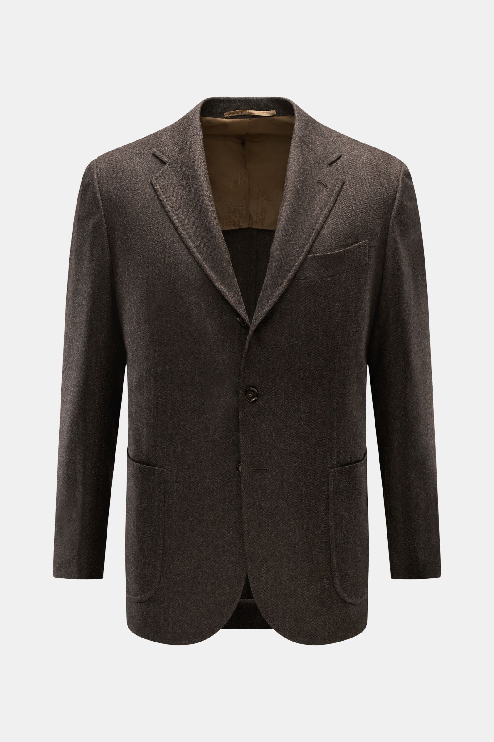 Frontale Ansicht des Stile Latino Sakko 'Vincenzo' dunkelbraun meliert mit tonalem Fischgrat, Slim Fit, weichem Griff aus Wolle mit Cashmere, tailliertem Drei-Knopf-Stil, fallendem Revers, Brusttasche, aufgesetzten Hüfttaschen, unfertigen Ärmelabschlüssen