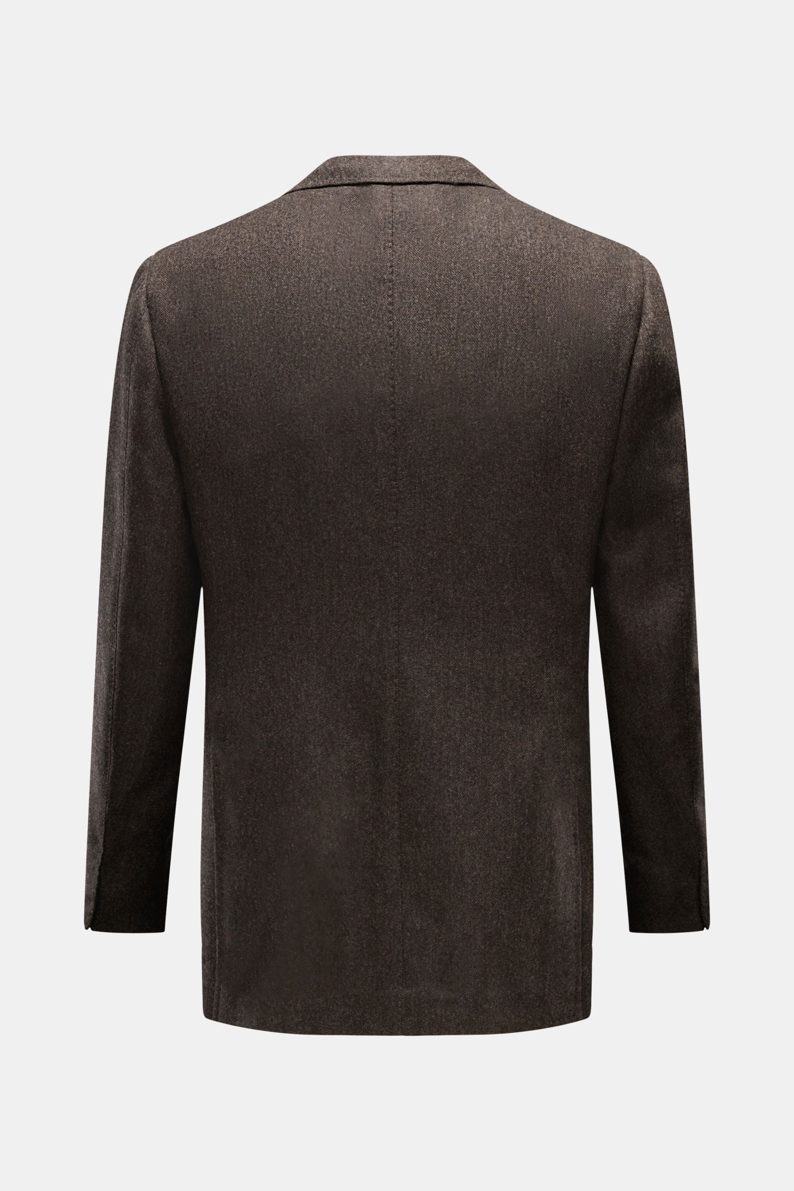 Stile Latino Sakko 'Vincenzo' dunkelbraun meliert, Rückansicht, Slim Fit mit Woll-Cashmere, tonalem Fischgrat, unfertigen Ärmeln, Seitenschlitzen.