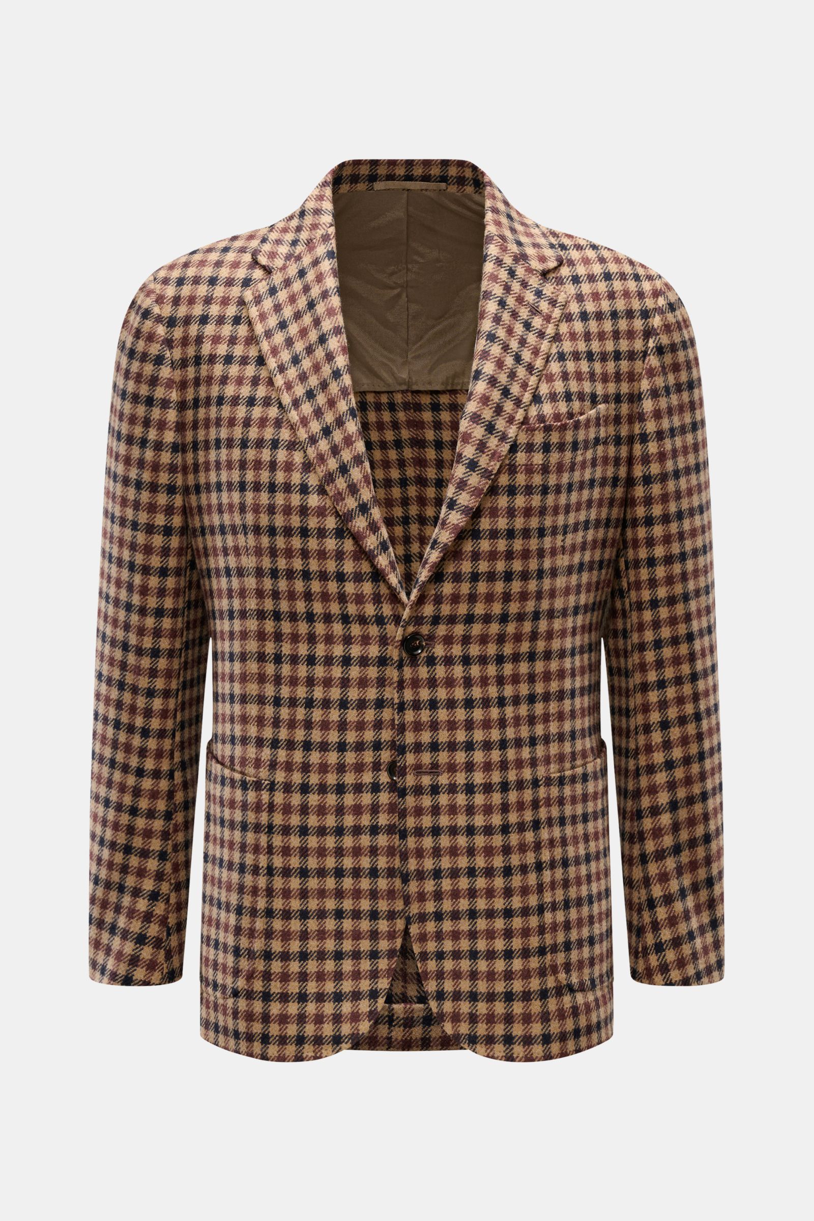 Front view of Stile Latino Cashmere smart-casual jacket 'Vincenzo' camel/dark brown/black checked, slim fit, pure wool, classic checked pattern, three-button style.

Get a stylish smart-casual look this autumn with the unconstructed model 'Vincenzo' by